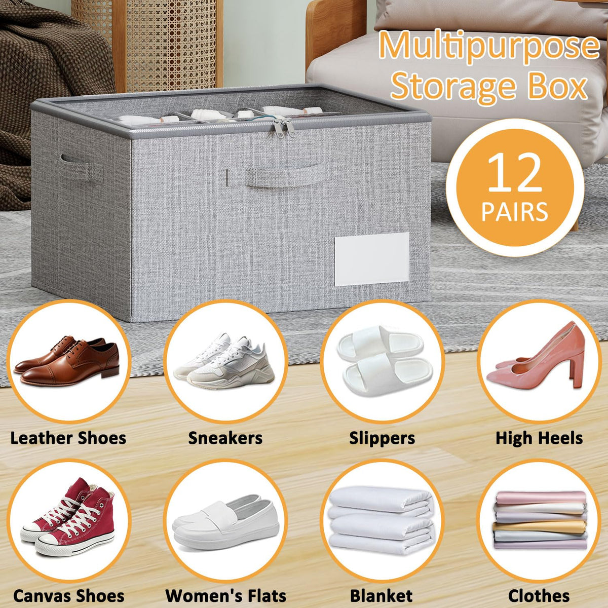 WANGIRL Fabric Shoe Storage Box, Fits 12 Pairs, Foldable Shoe Organiser for Wardrobe with Clear Lids, Bottom Support and Reinforced Handles - image 3