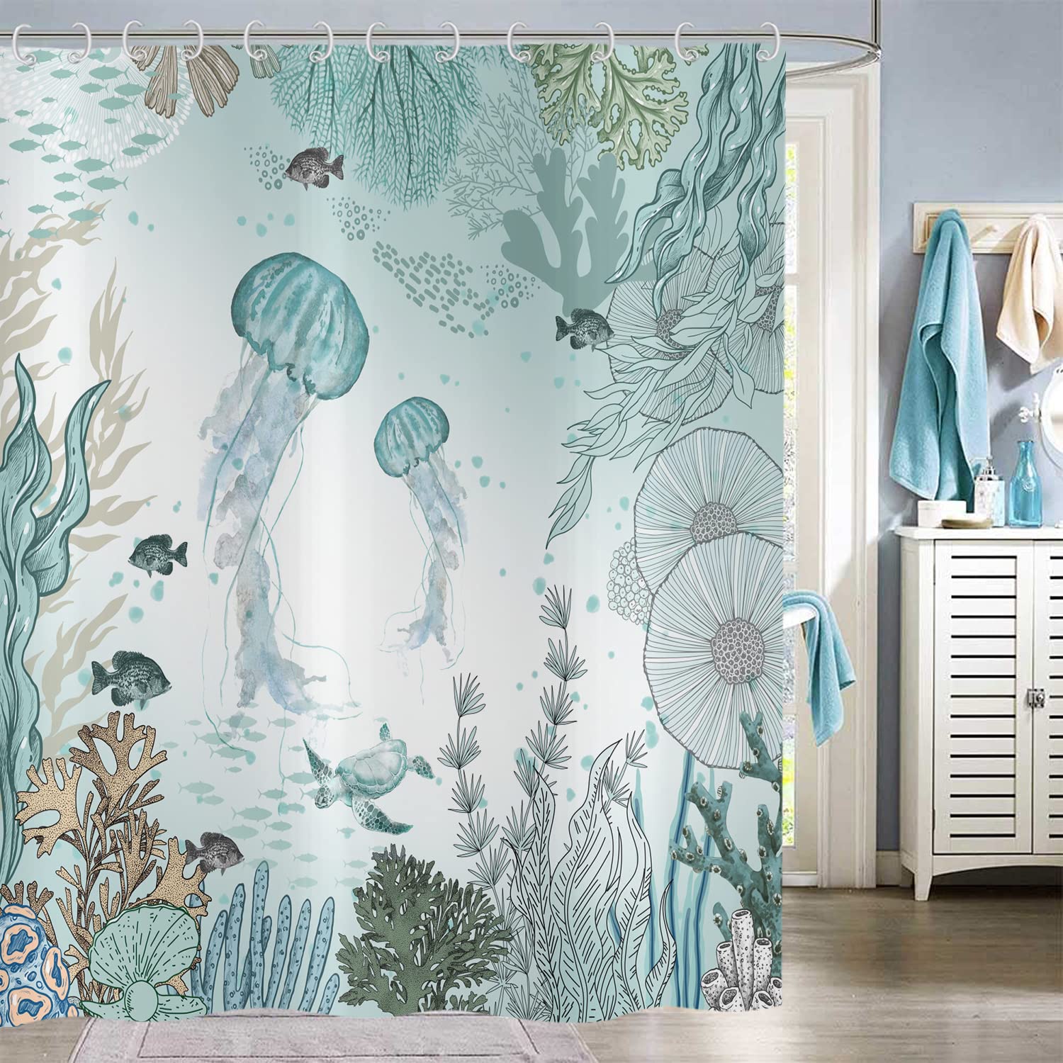 Hnmdmyi Jellyfish Shower Curtain | Nautical Ocean Marine Life Polyester