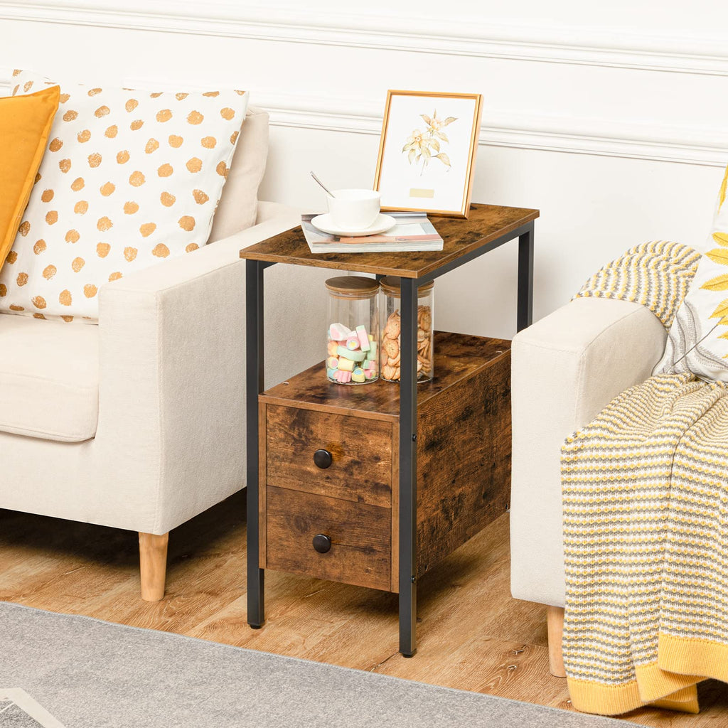 HOOBRO Narrow Side Table - Industrial Slim Bedside Table with 2 Drawers