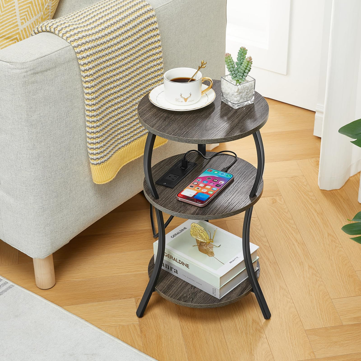 YEAKOO Bedside Table with Charging Station & 4 Sockets, Vintage Round 3-Tier End Table with USB Ports & UK Plugs - image 2