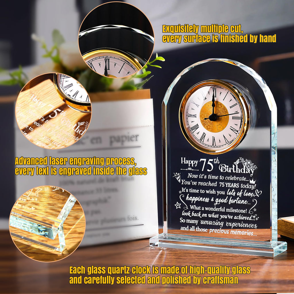 75th Birthday Crystal Clock – Glass Keepsake Milestone Gift