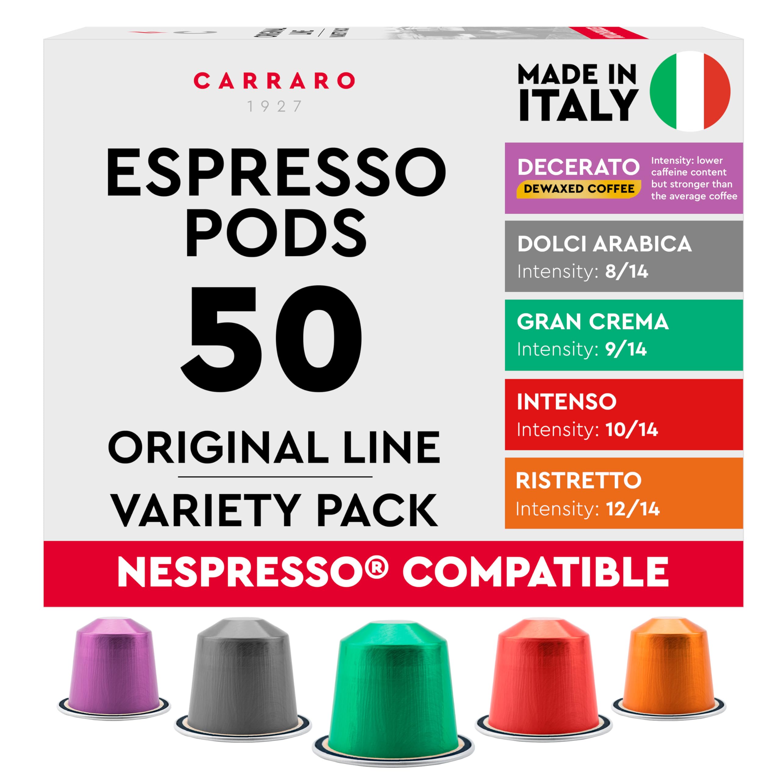 Carraro Variety Pack - 50 Nespresso Compatible Aluminium Coffee Pods