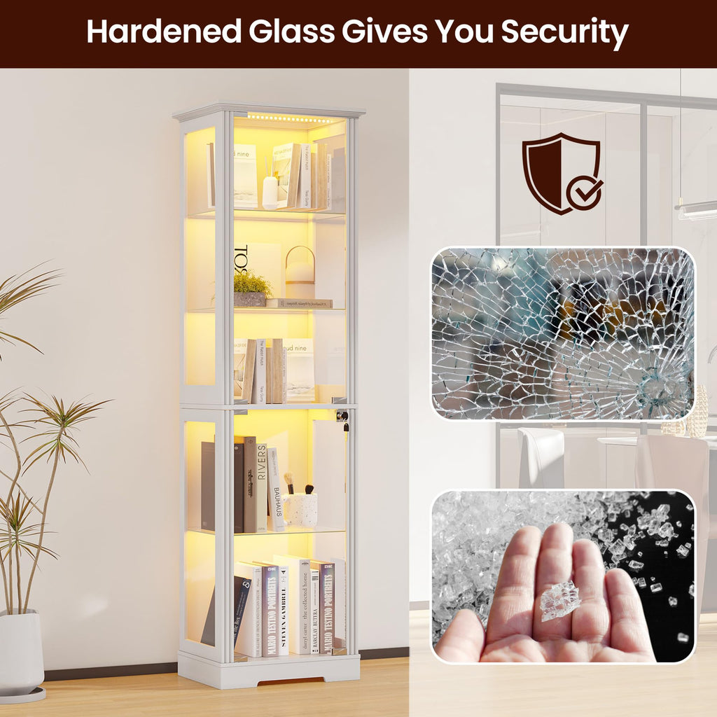 Gurexl 180cm Glass Display Cabinets with Lockable for Collectibles,White - image 5