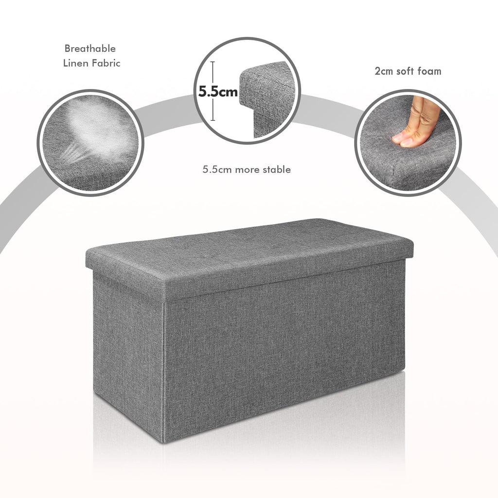 Bonlife Large Folding Storage Ottoman | Grey Linen Toy Box Bench – 76cm
