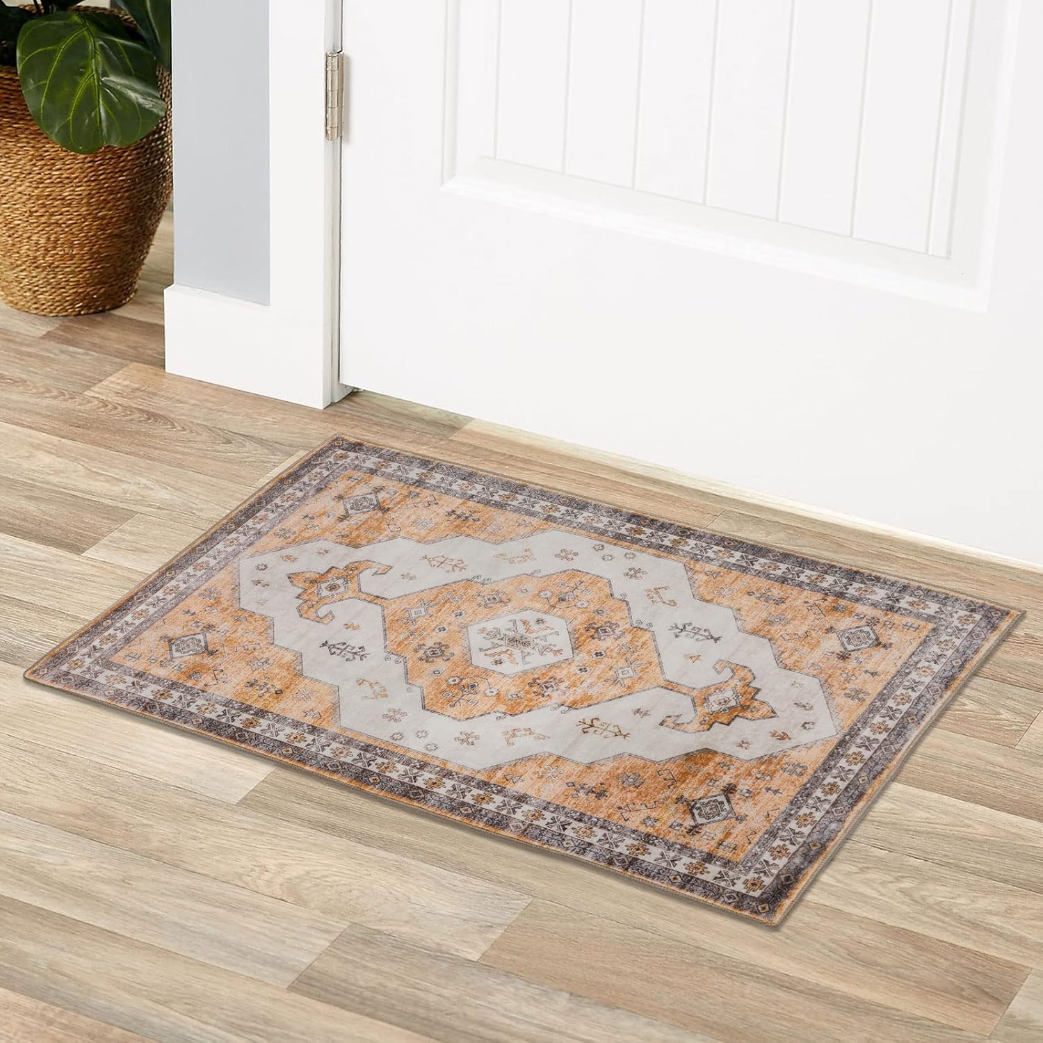 Massive Discounts Orange Vintage Floral Non-slip Washable Door Mat