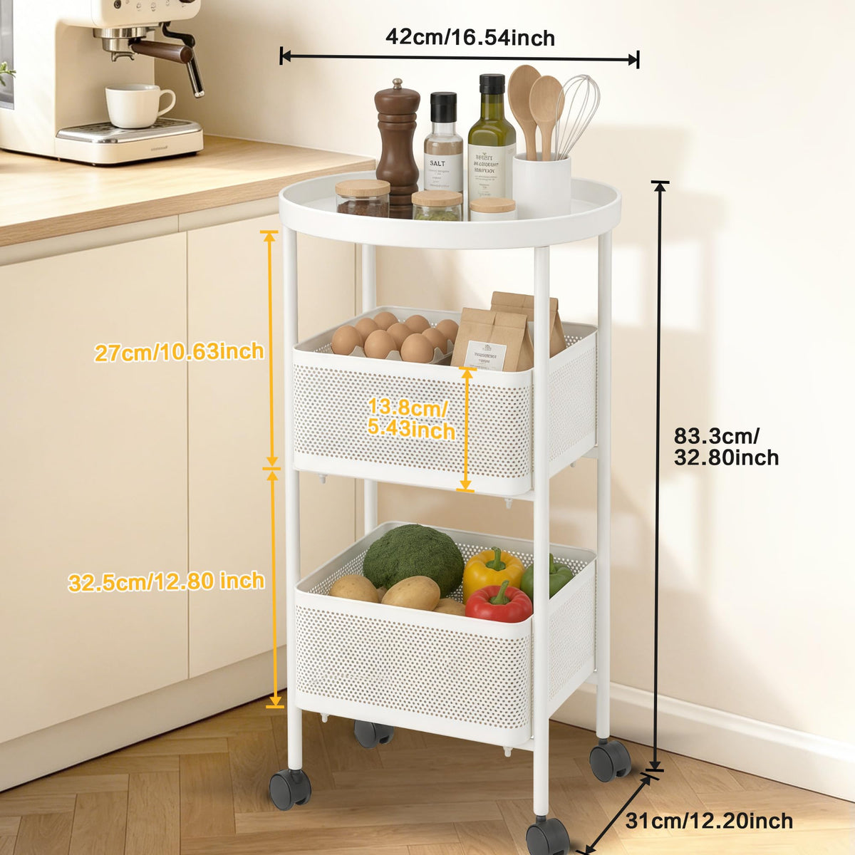 PLSOPPKG 3 Tier Rolling Cart, Metal Utility Storage Carts with Wheels, Craft Cart Organizer, Mesh Basket for Bedside Kitchen Office Art, Milky White