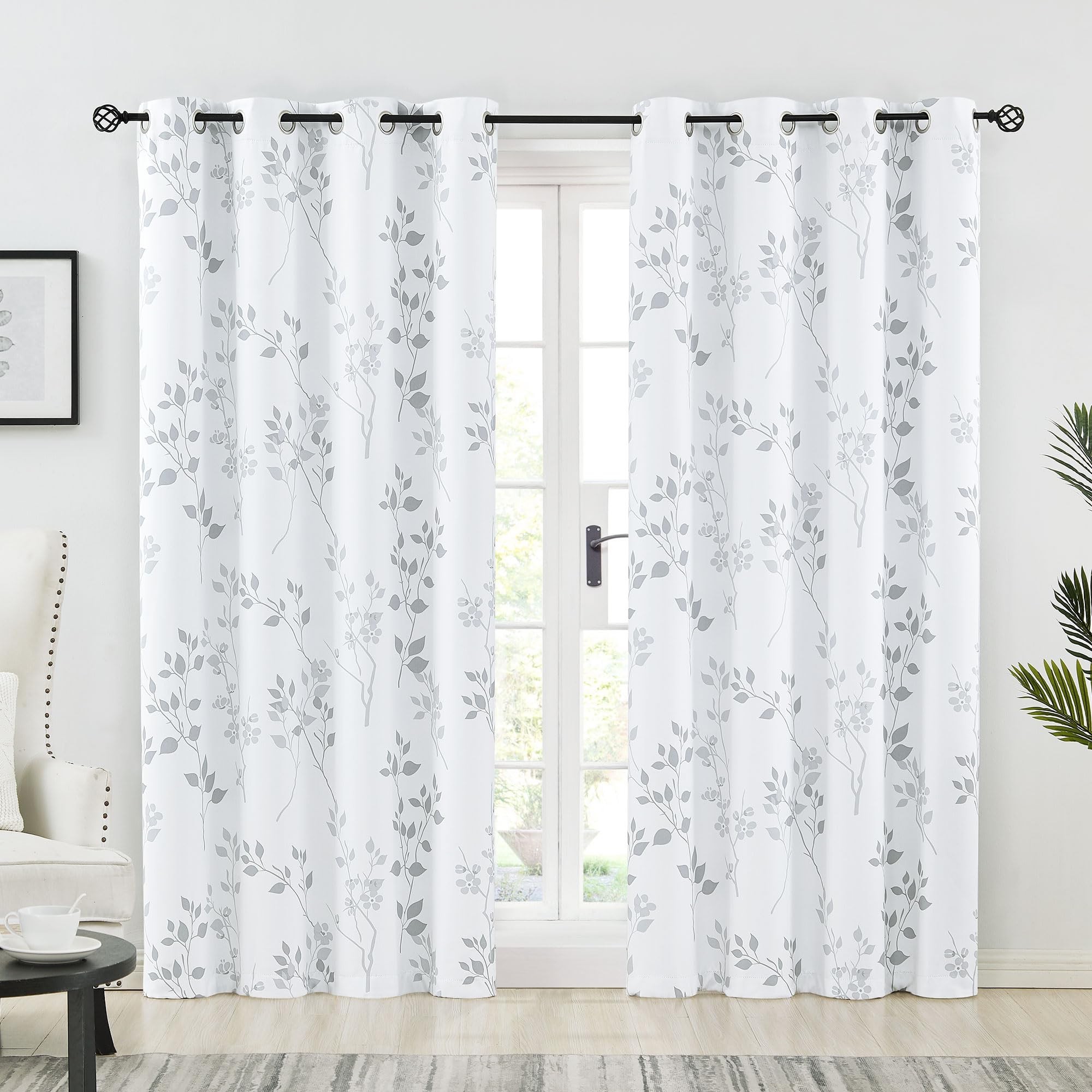 Grey Floral Blackout Curtains | Thermal Insulated 72 Inch Drapes