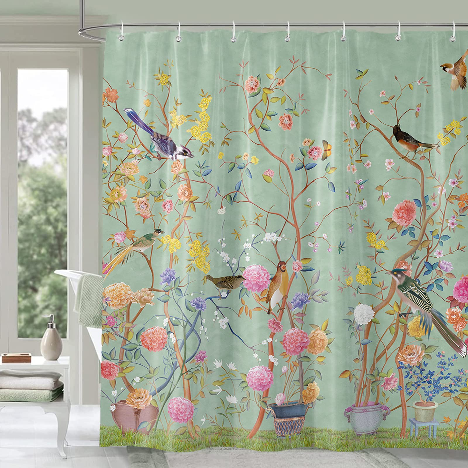 Green Bird Floral Shower Curtain | Waterproof Weighted 180x180cm