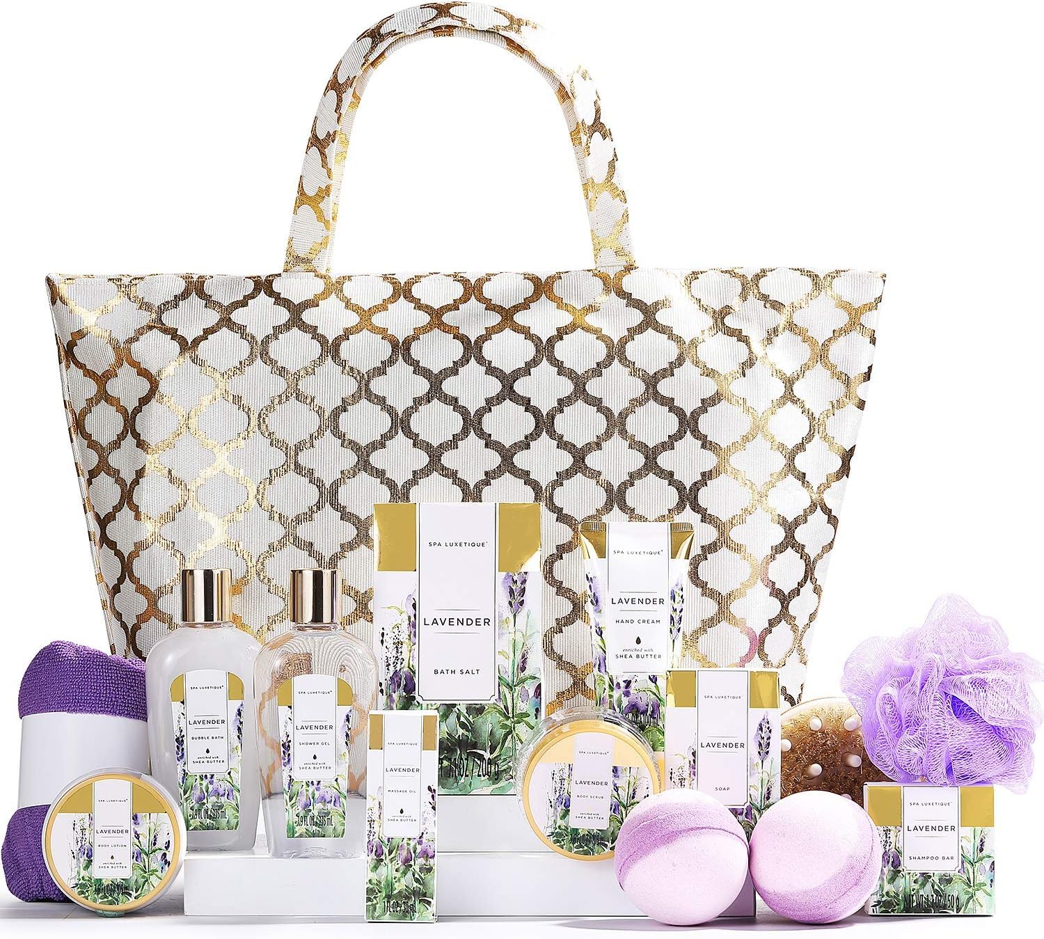 Spa Luxetique Lavender Bath Set | 15-Piece Spa Gift Set with Golden Bag