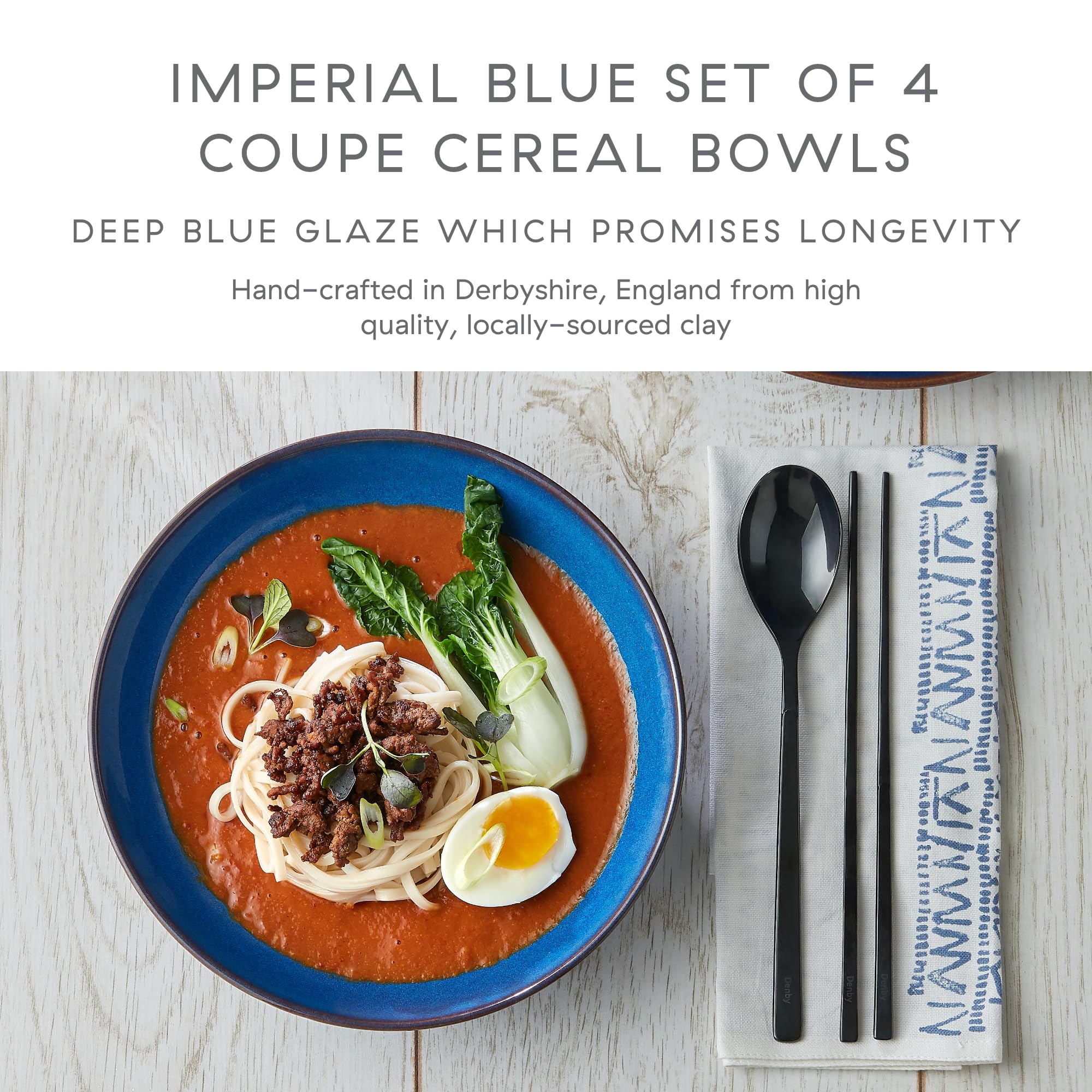 Denby Imperial Blue Cereal Bowls – Set of 4 – Durable Stoneware 17cm