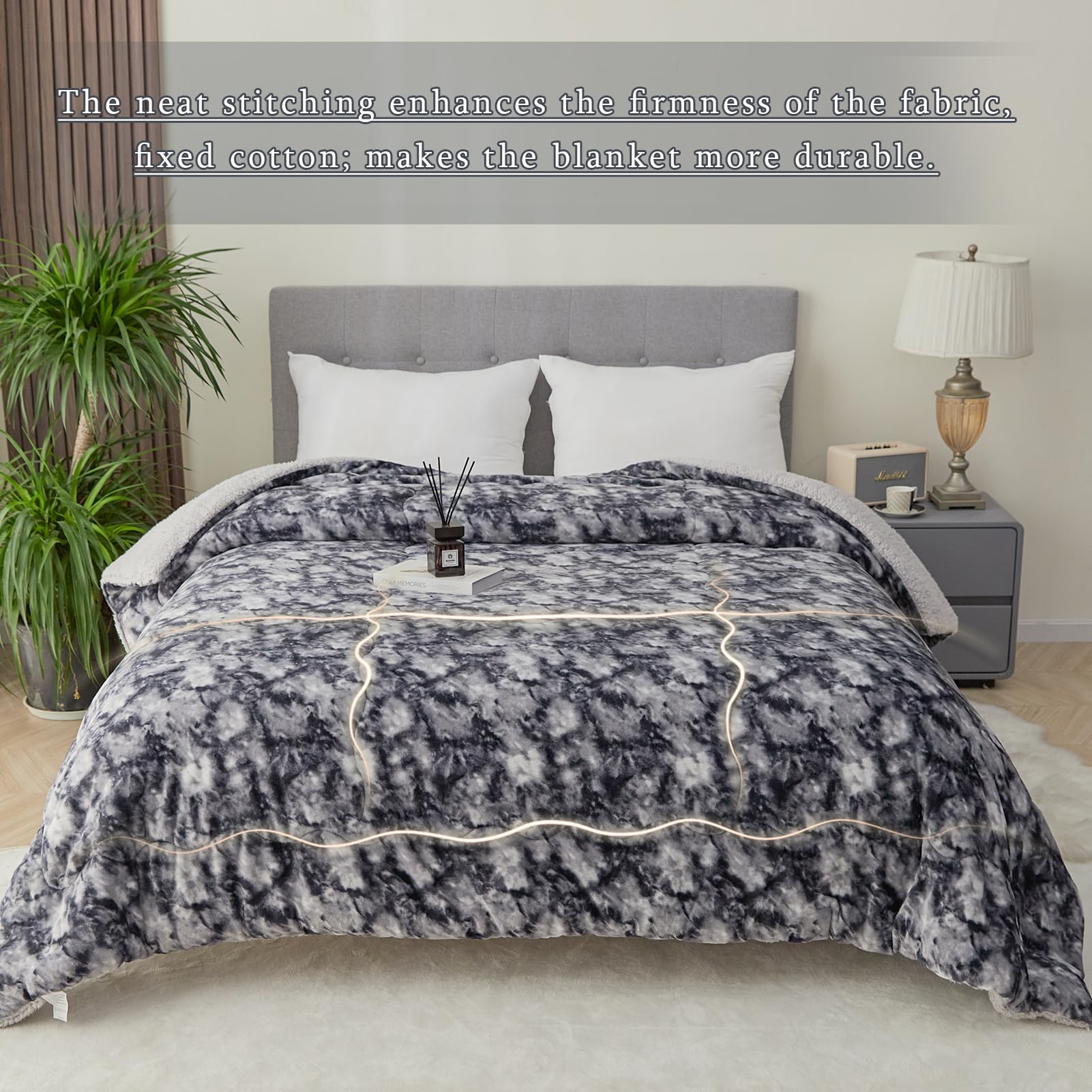 CHOSHOME Sherpa Fleece Throw Blanket – Dark Grey Tie-Dye Fuzzy Bedspread