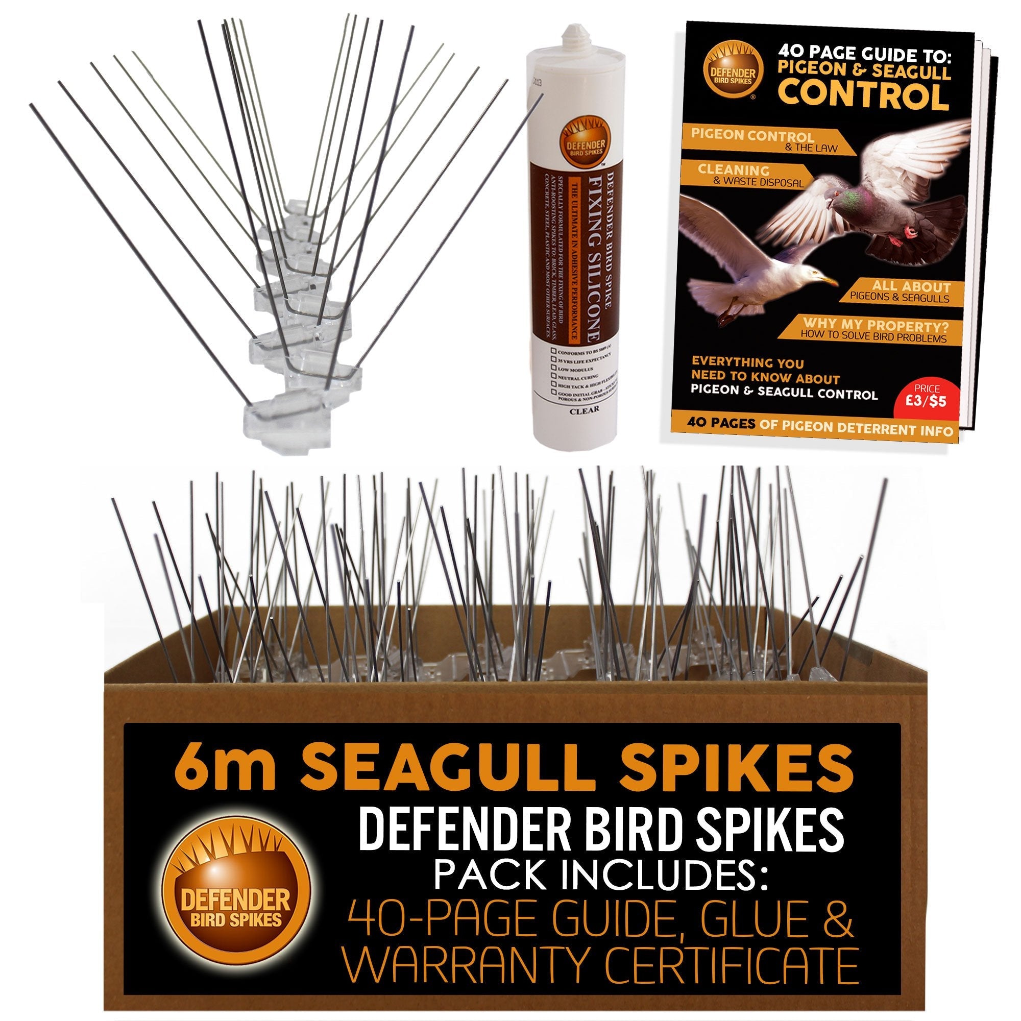 Defender Seagull Spikes 6m Pack - Stainless Steel Bird Deterrent with Glue
