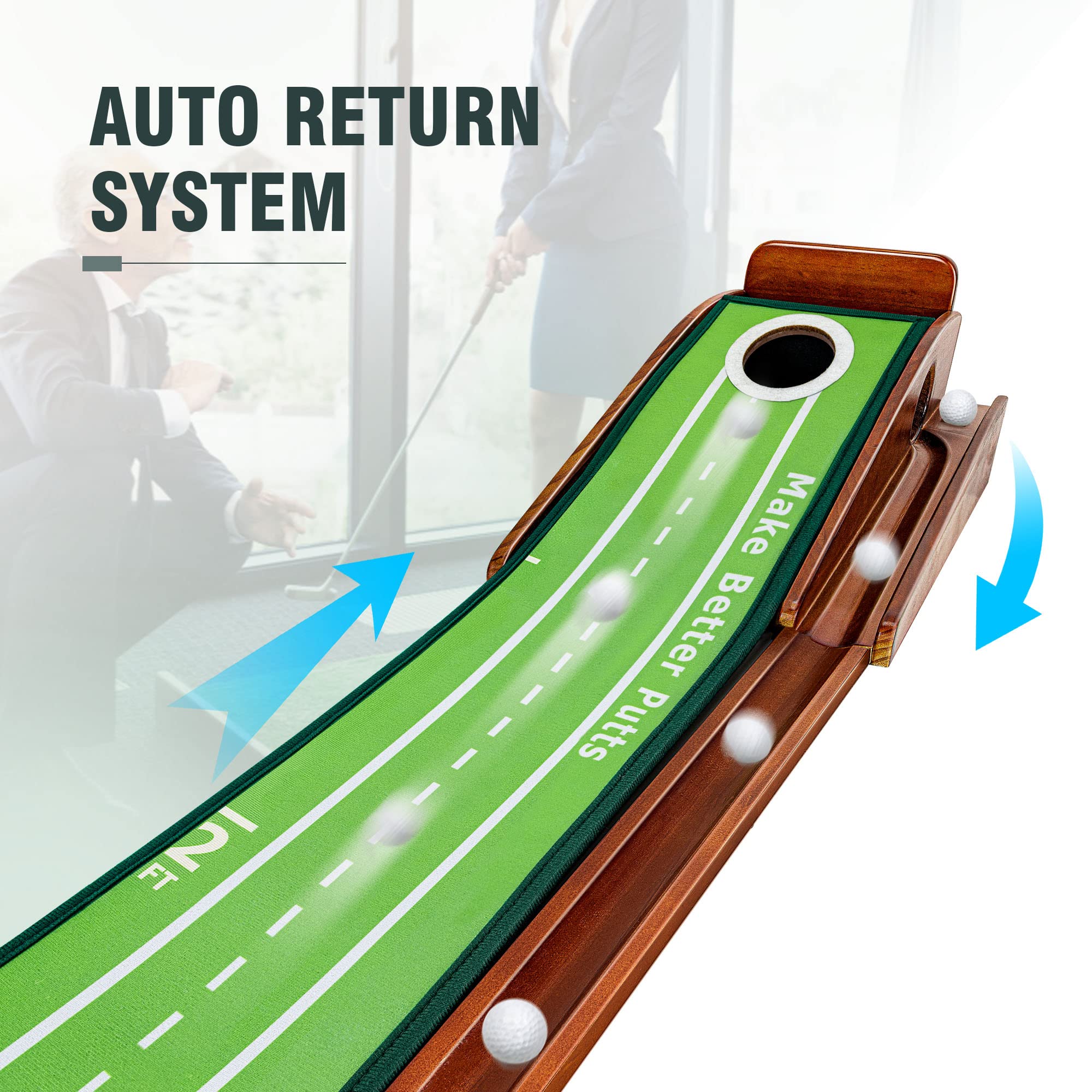 ToVii Golf Putting Mat – Pine Wood Practice Green with Auto Ball Return