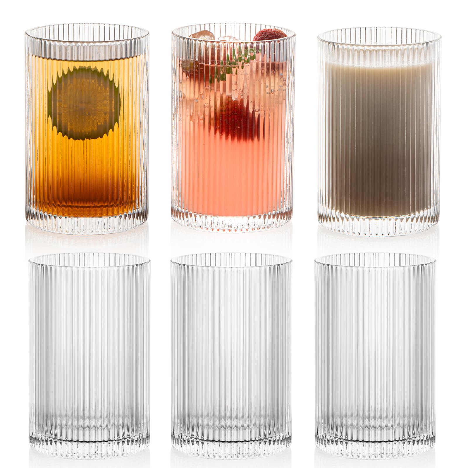 POLIDREAM Ribbed Glassware Set | 6pc 16.9oz Fluted Origami Drinking Glasses
