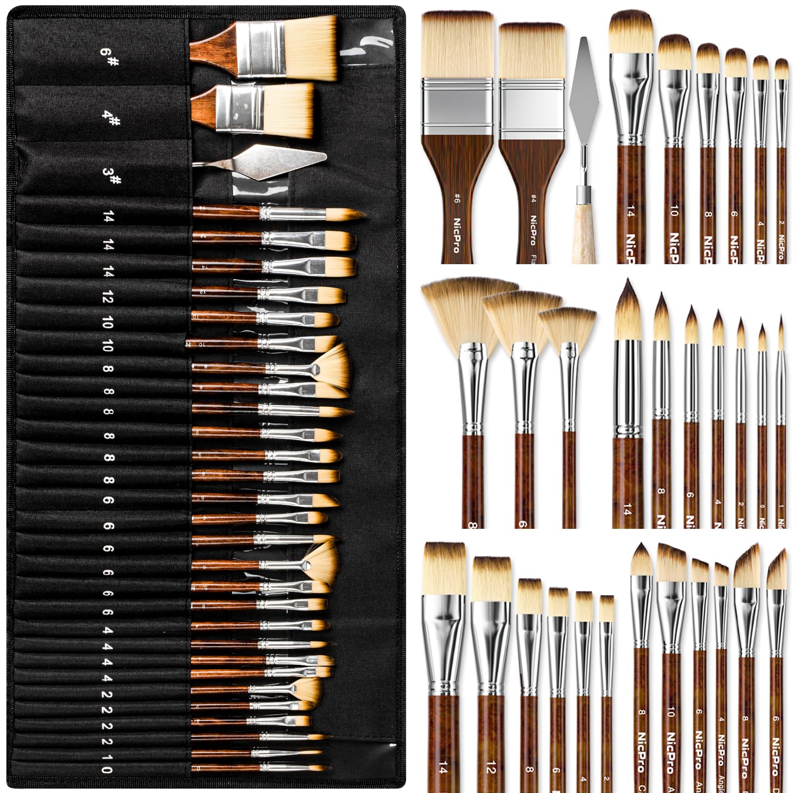 Nicpro 30pcs Professional Paint Brush Set with Roll Bag & Palette Knife