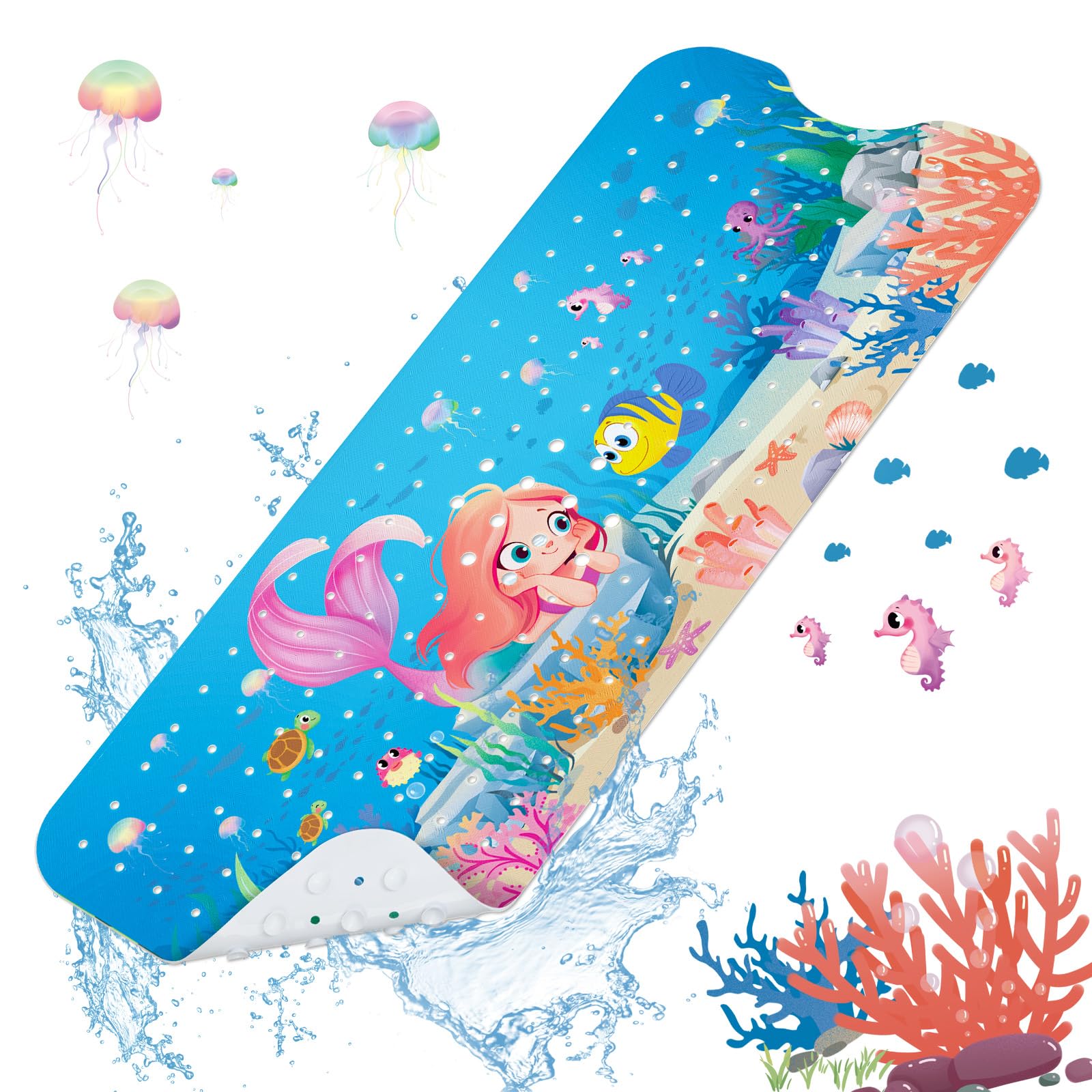 SHUCHING Mermaid Kids Bath Mat – Extra Long Non-Slip PVC Bathtub Mat