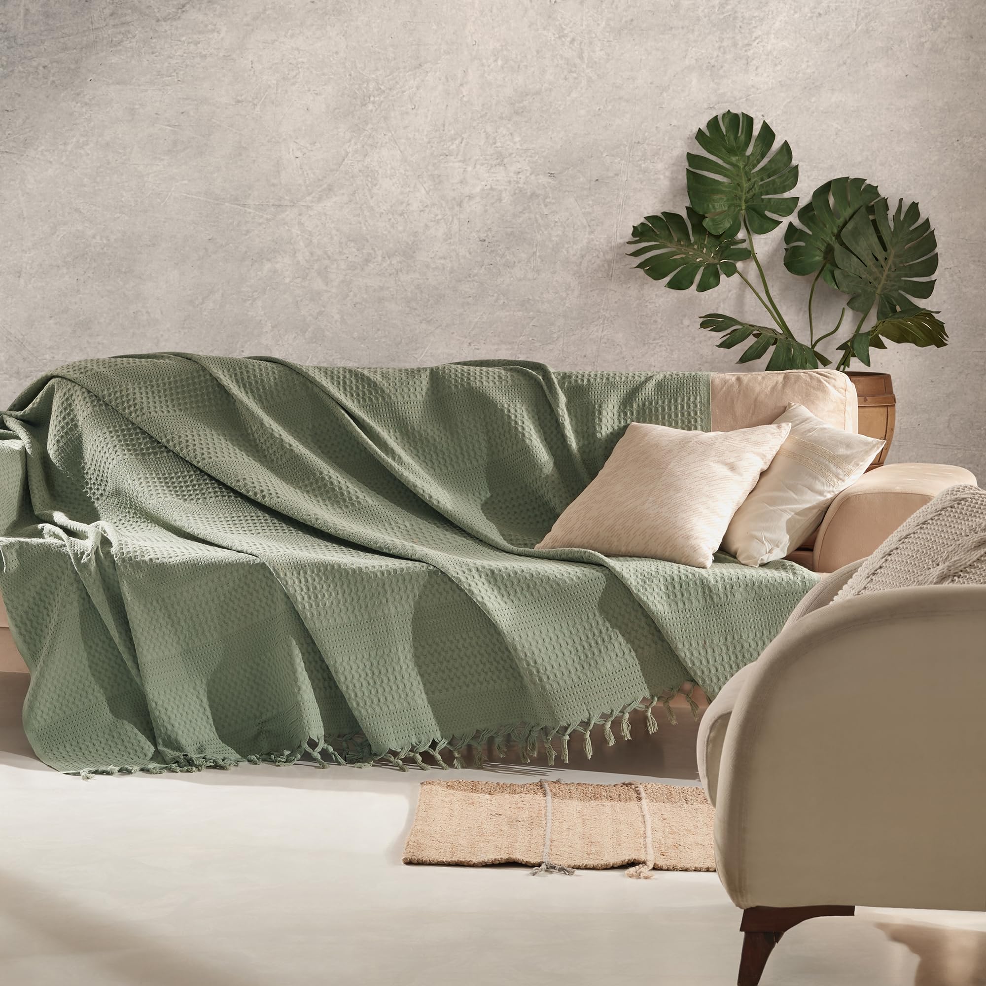 Milam London Sage Green Waffle Throw Blanket | 100% Cotton King Size Bedspread