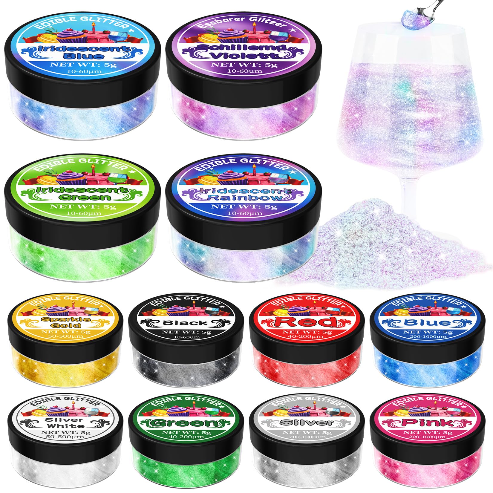 Jolof Store Edible Glitter - 12 Shimmer Luster Dust for Drinks & Cakes