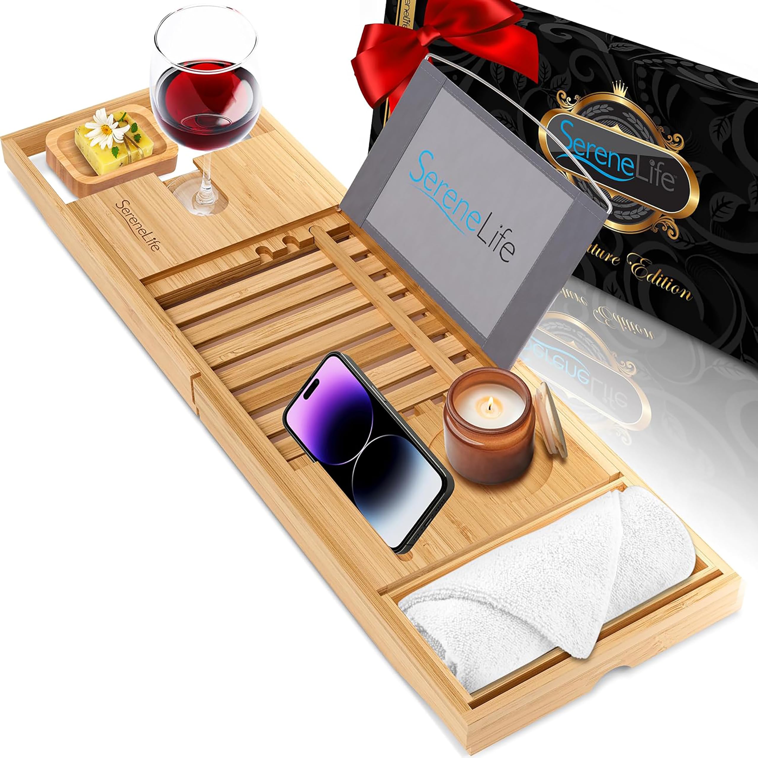 SereneLife Bamboo Bathtub Caddy – Extendable Bath Tray with Book Holder