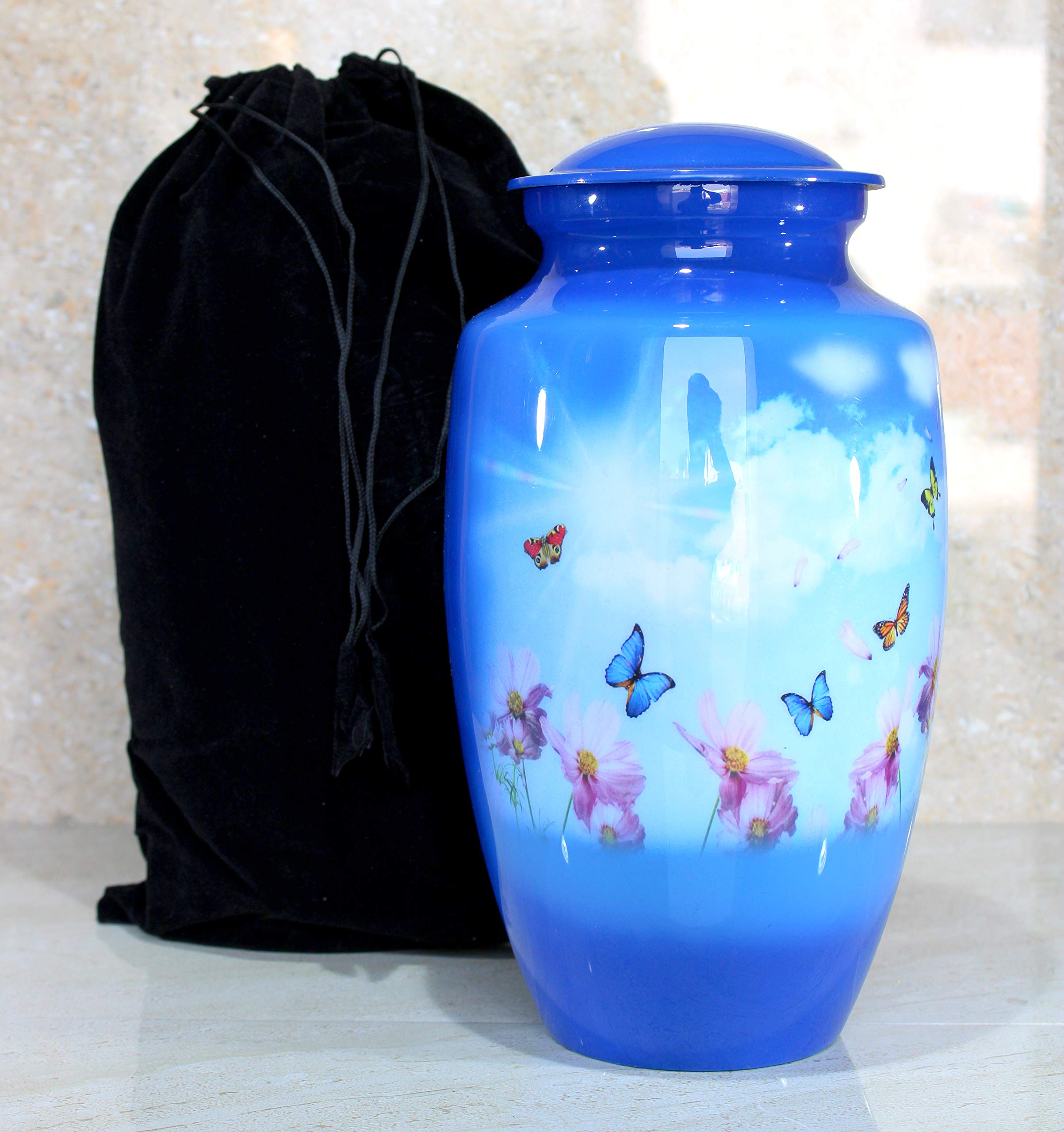 eSplanade Metal Cremation Urn - Blue Butterfly Memorial Jar for Ashes - 10"