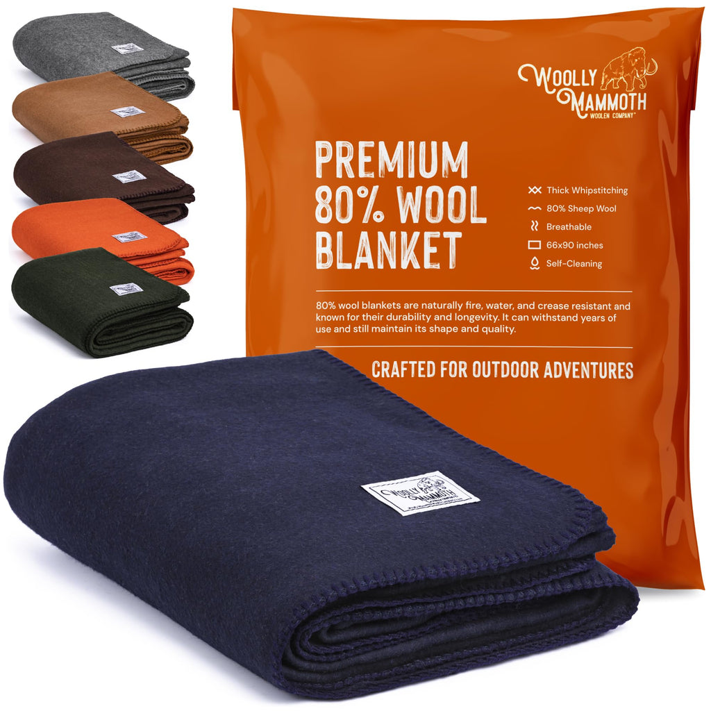 Woolly Mammoth Explorer Merino Wool Blanket - Navy Blue, 66" x 90"