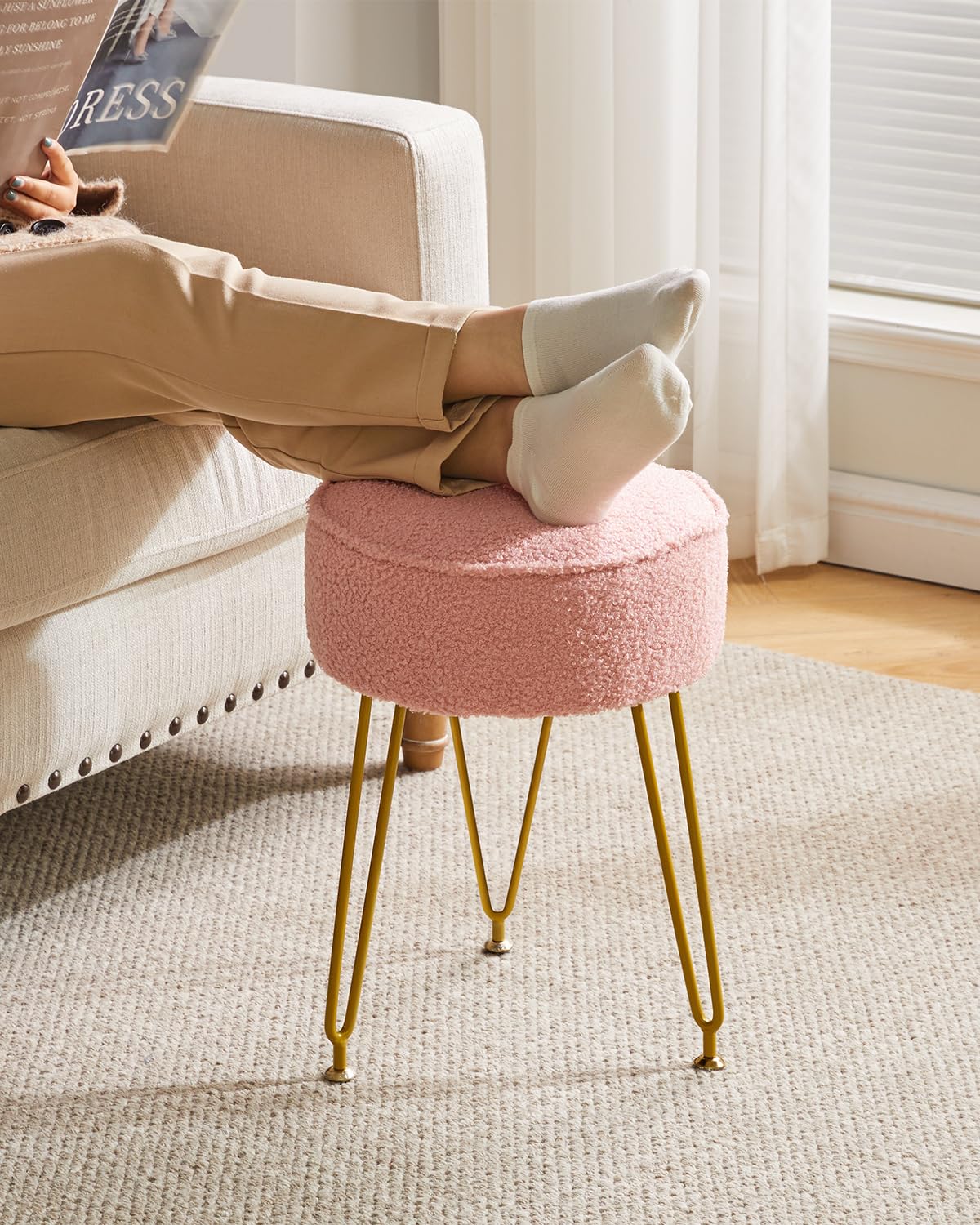 IBUYKE Makeup Vanity Stool Chair, Teddy Velvet Footrest, Pink WBD009P - image 4