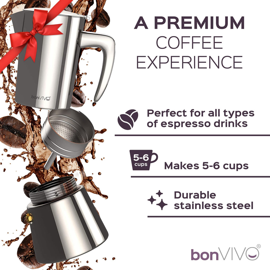 bonVIVO Intenca Moka Pot – 6 Cup Stainless Steel Espresso Maker