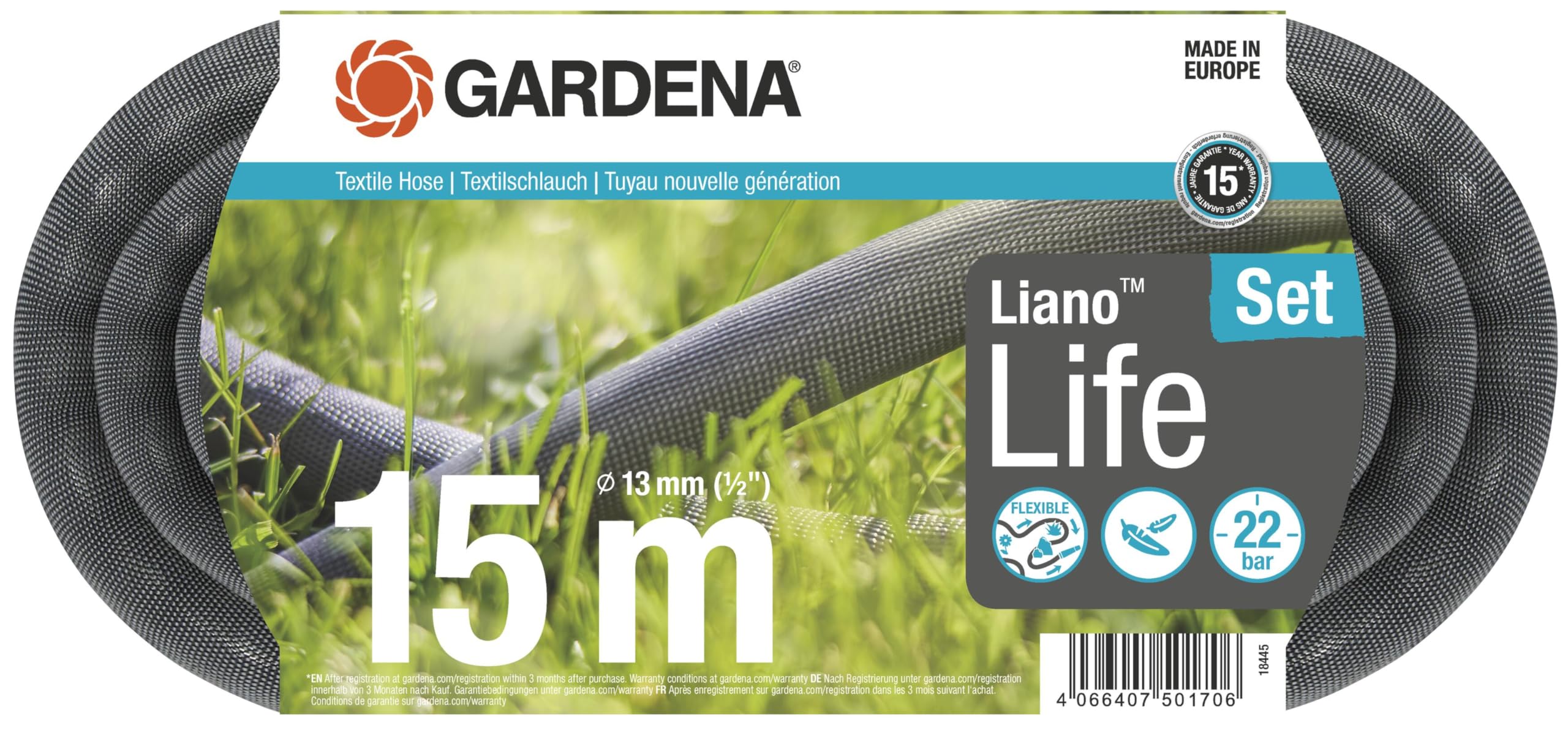 Gardena Liano Life Textile Garden Hose | 15m, 1/2 Inch, Kink-Free