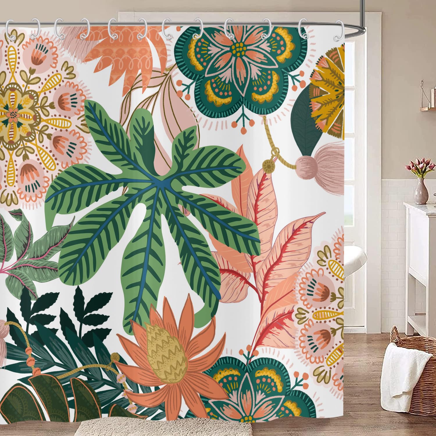 Hnmdmyi Boho Floral Shower Curtain | Waterproof Polyester Bath Decor