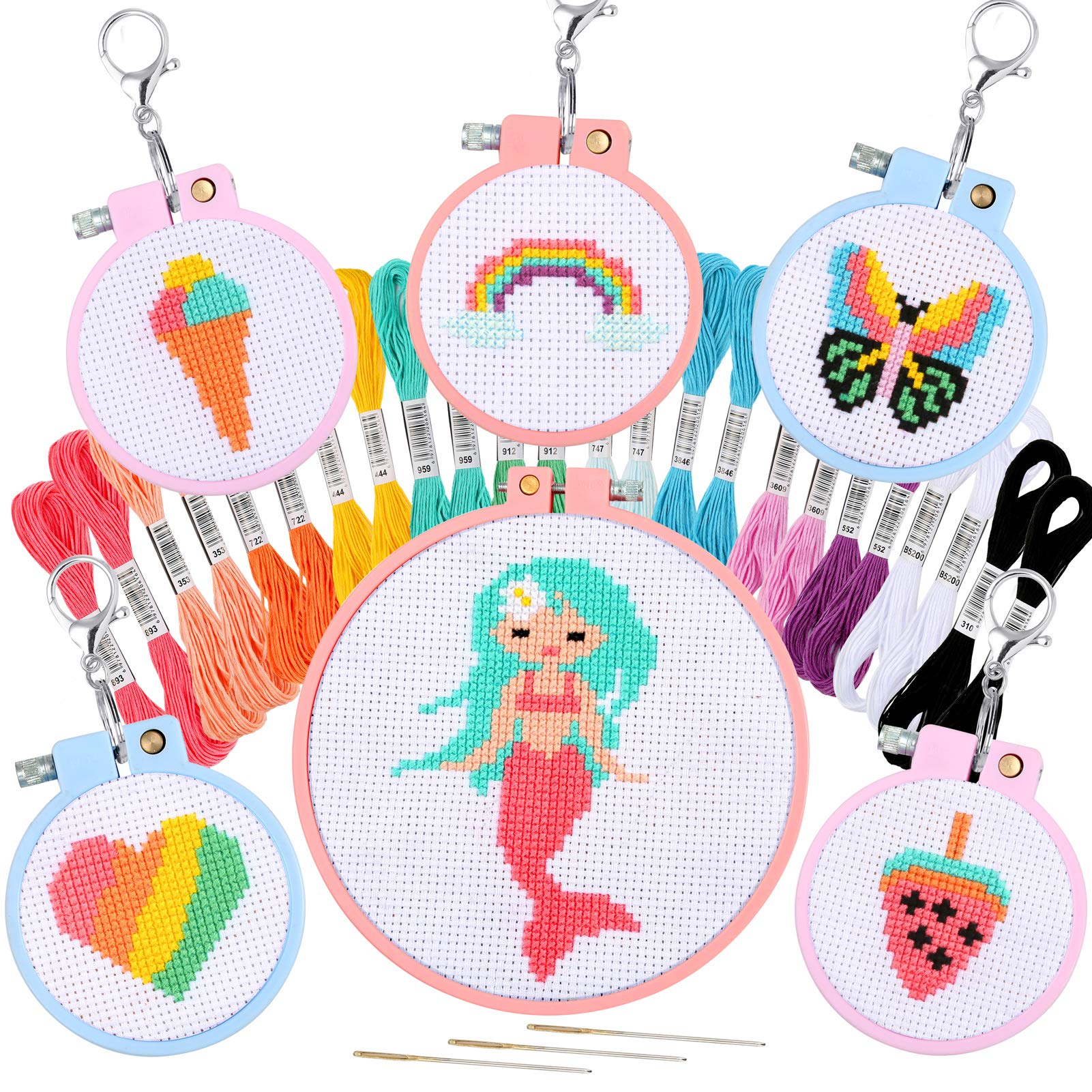 Pllieay 6-Piece Kids Cross Stitch Kit – Beginner Embroidery & Keychain Set