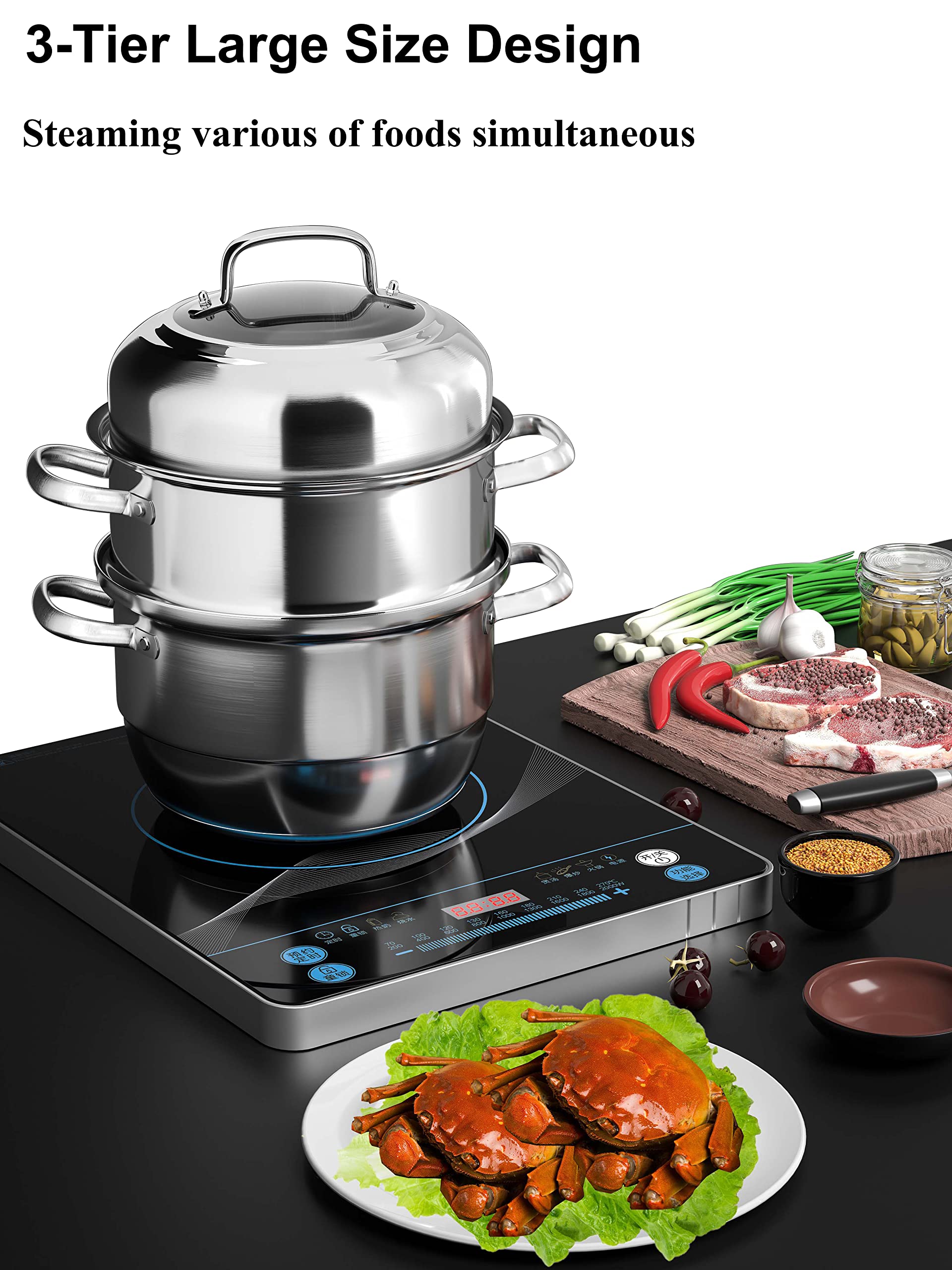 VENTION 3-Tier Stainless Steel Steamer Pot | 34cm Induction Hob Cookware