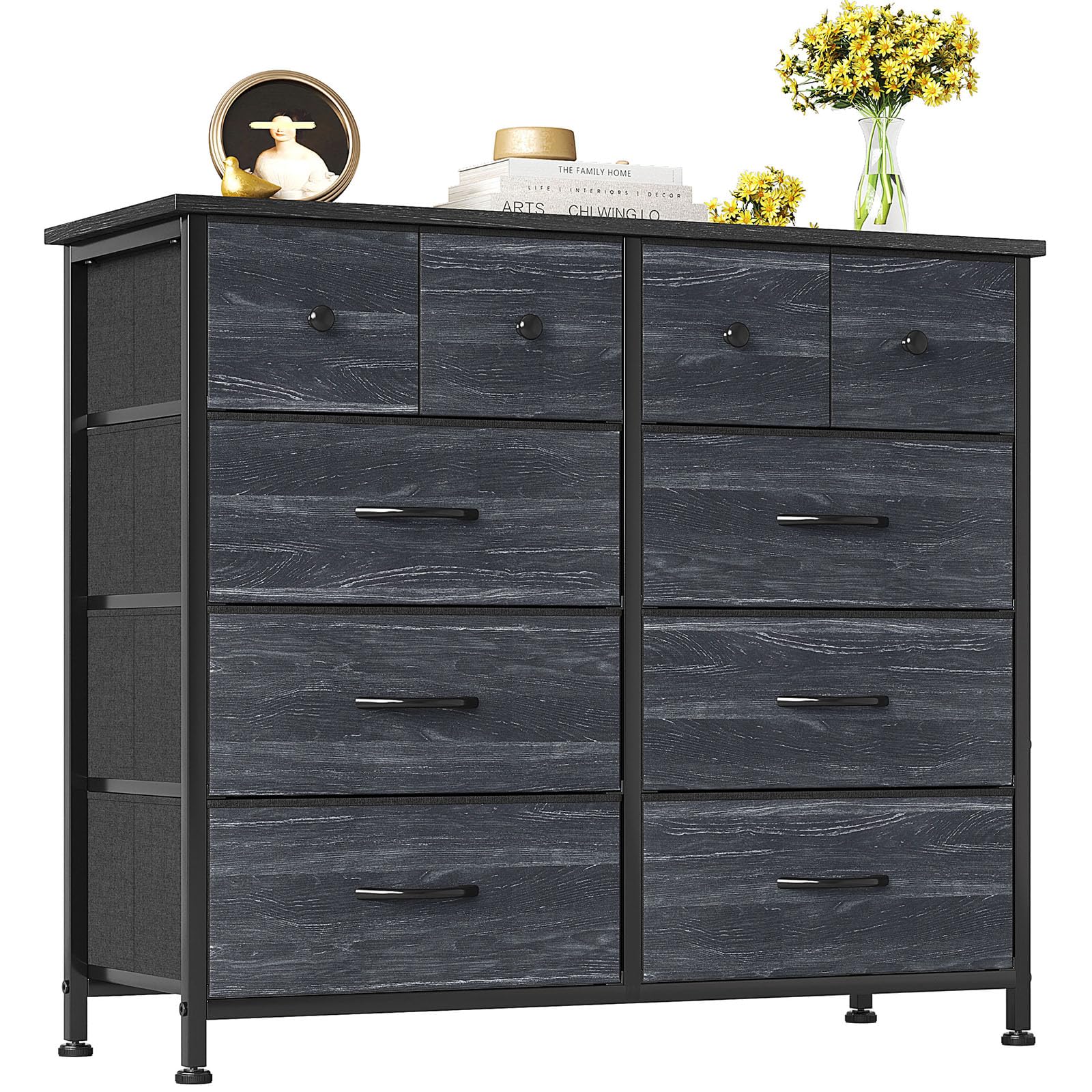 CAIYUN 10-Drawer Fabric Dresser – Black Wood Grain Storage Chest