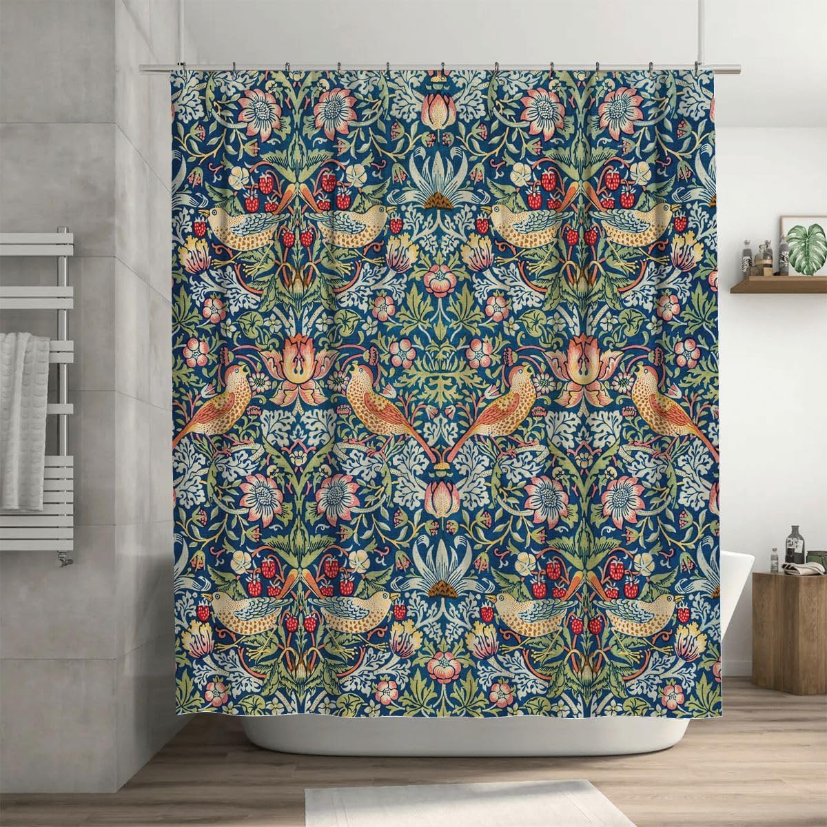 William Morris Strawberry Thief Shower Curtain - Waterproof Navy Floral