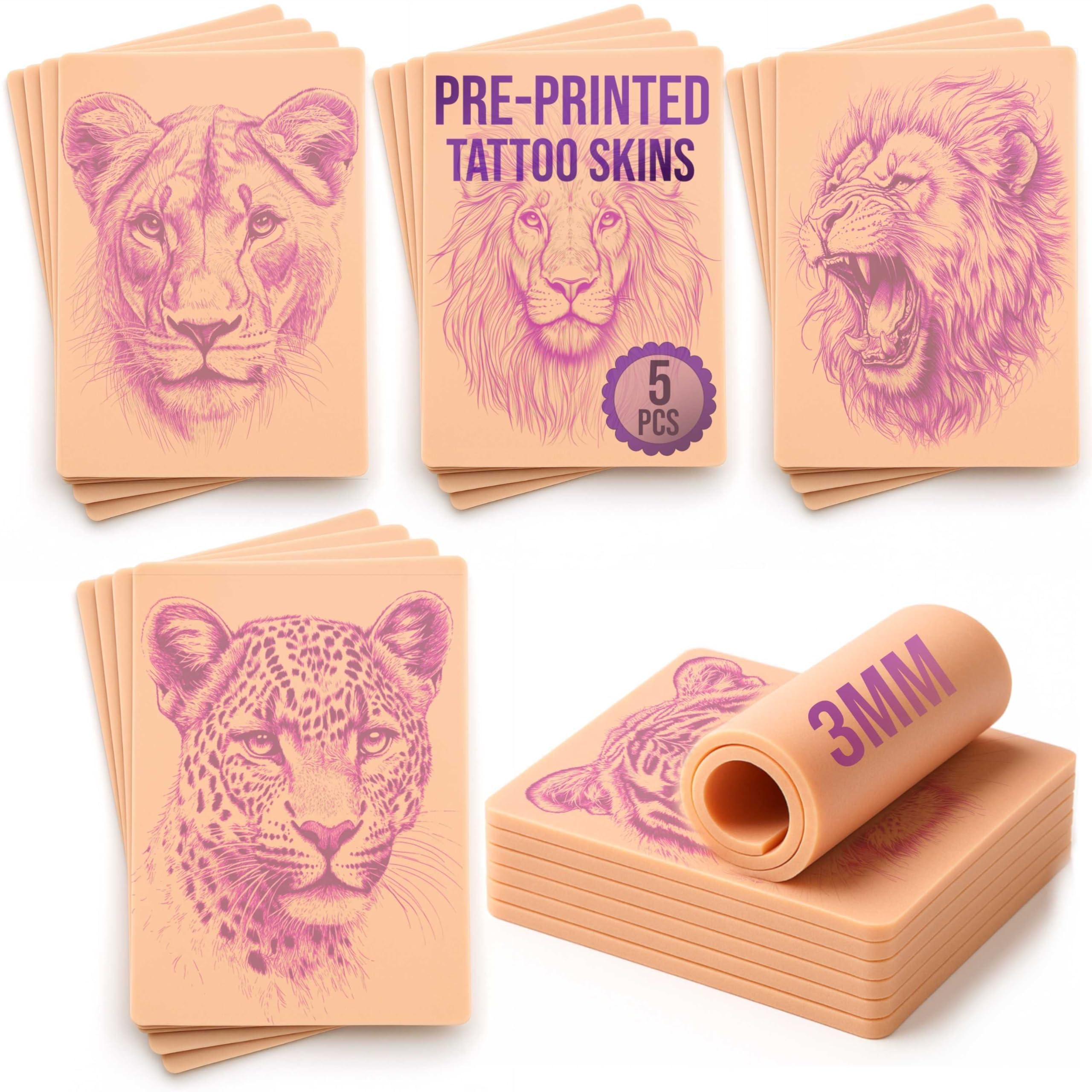 Tattoo Practice Skin - 5 Feline Designs 3mm Silicone