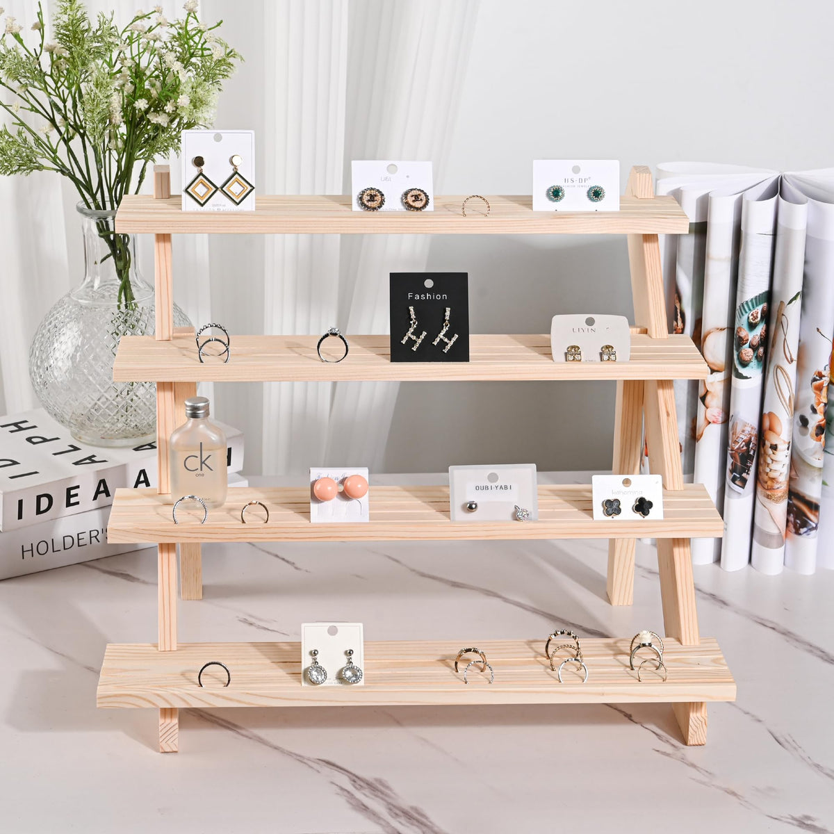 LEXFUNN Wooden Jewellery Display Rack Stand Earring Stall Stand Organizer Shelf 3/4 Tier 4 Tier