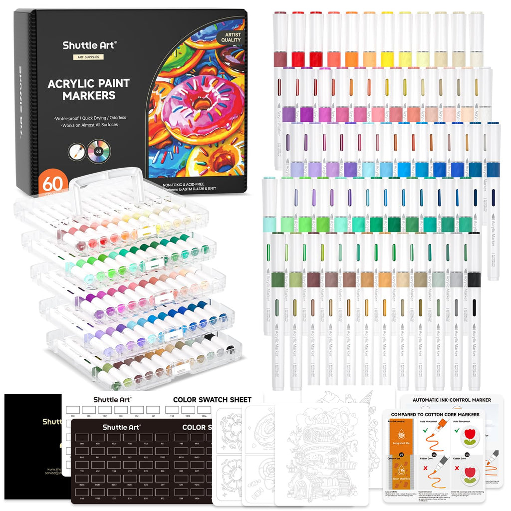Shuttle Art 60 Colors Acrylic Paint Pens – Brush Tip Markers for Rock Painting