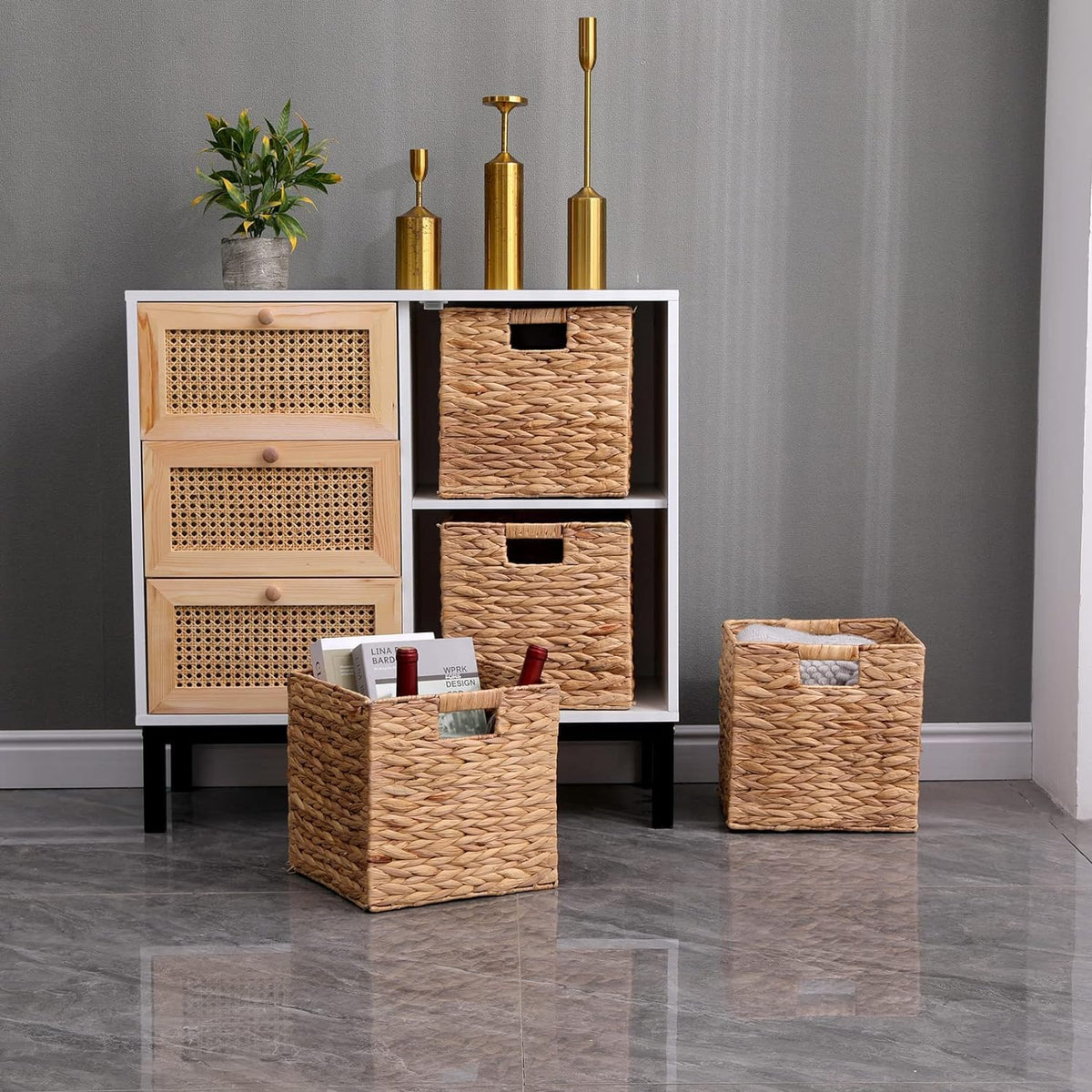 6 Pcs Water Hyacinth Storage Baskets, Square Woven Baskets under Shelf Cabinet30 x 30cm - image 5