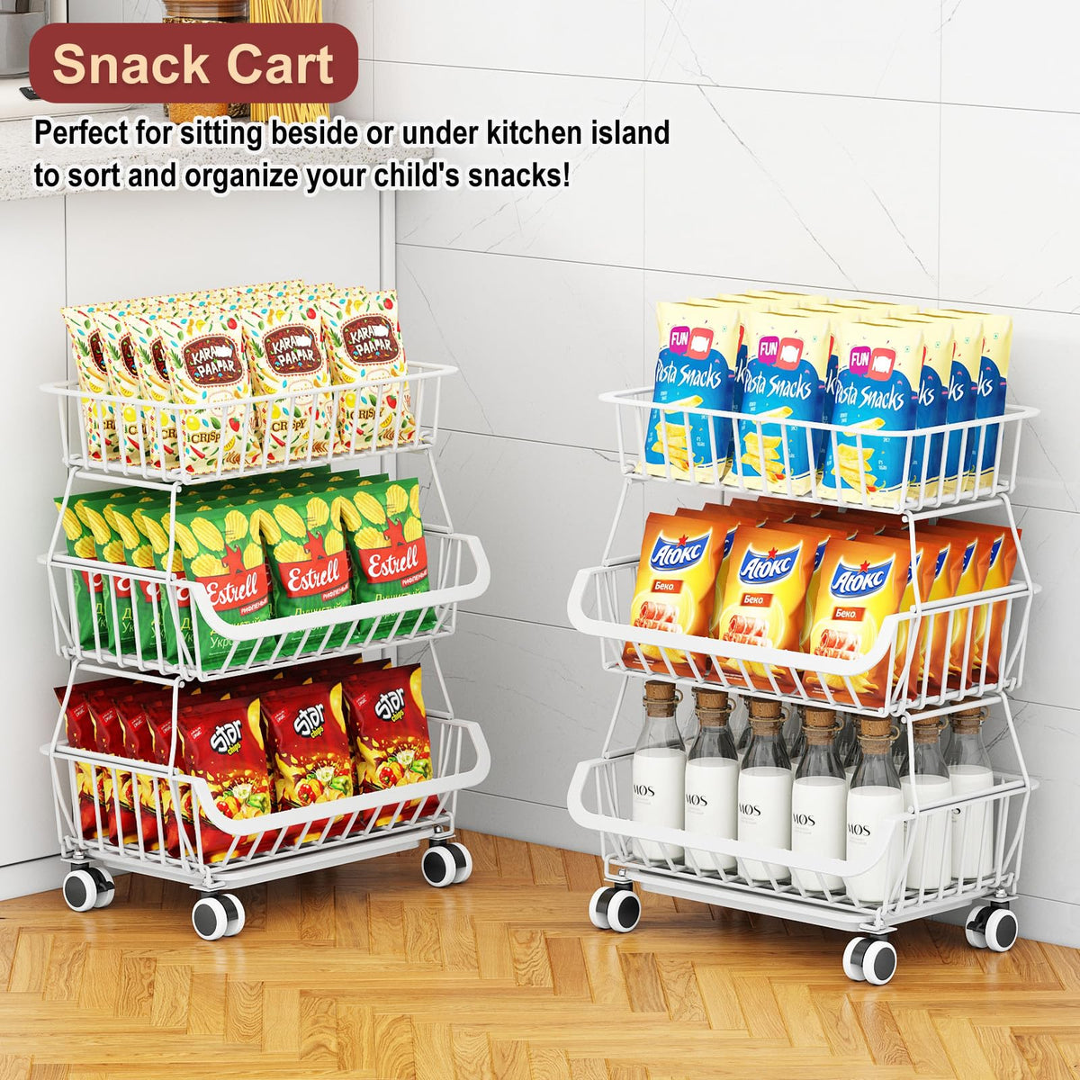 Miyawell 3-Tier Rolling Pantry Cart with Wheels, Stackable Wire Storage Floor Organizer for Kitchen Pantry Snack Shelves, Fruit Basket Stand - image 5