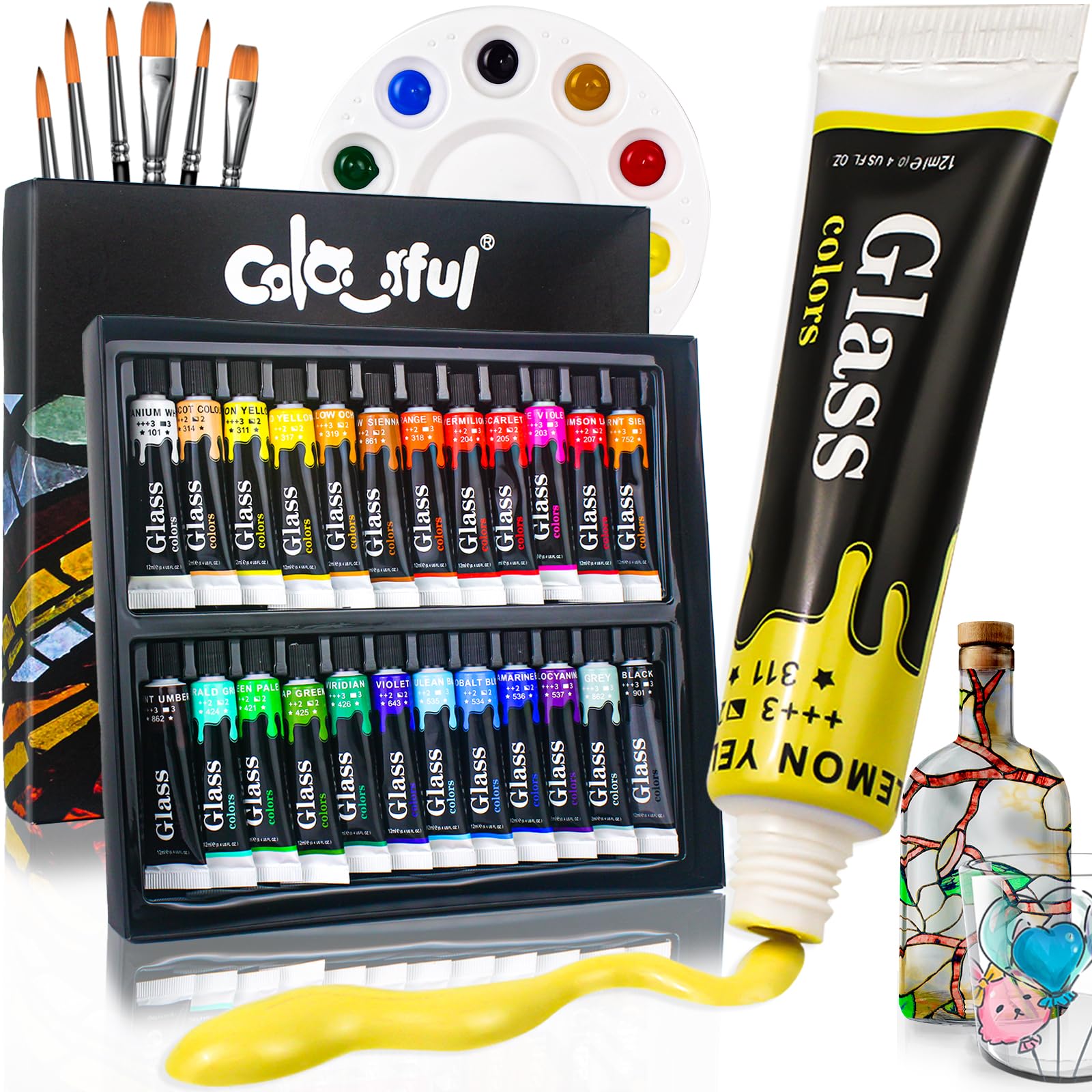 COLORFUL Stained Glass Paint Set - 24 Colors Waterproof Acrylic Glaze Kit