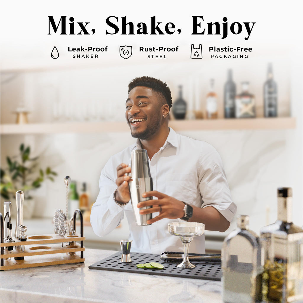 Bare Barrel 14-Piece Cocktail Making Kit with Bamboo Stand & Recipes