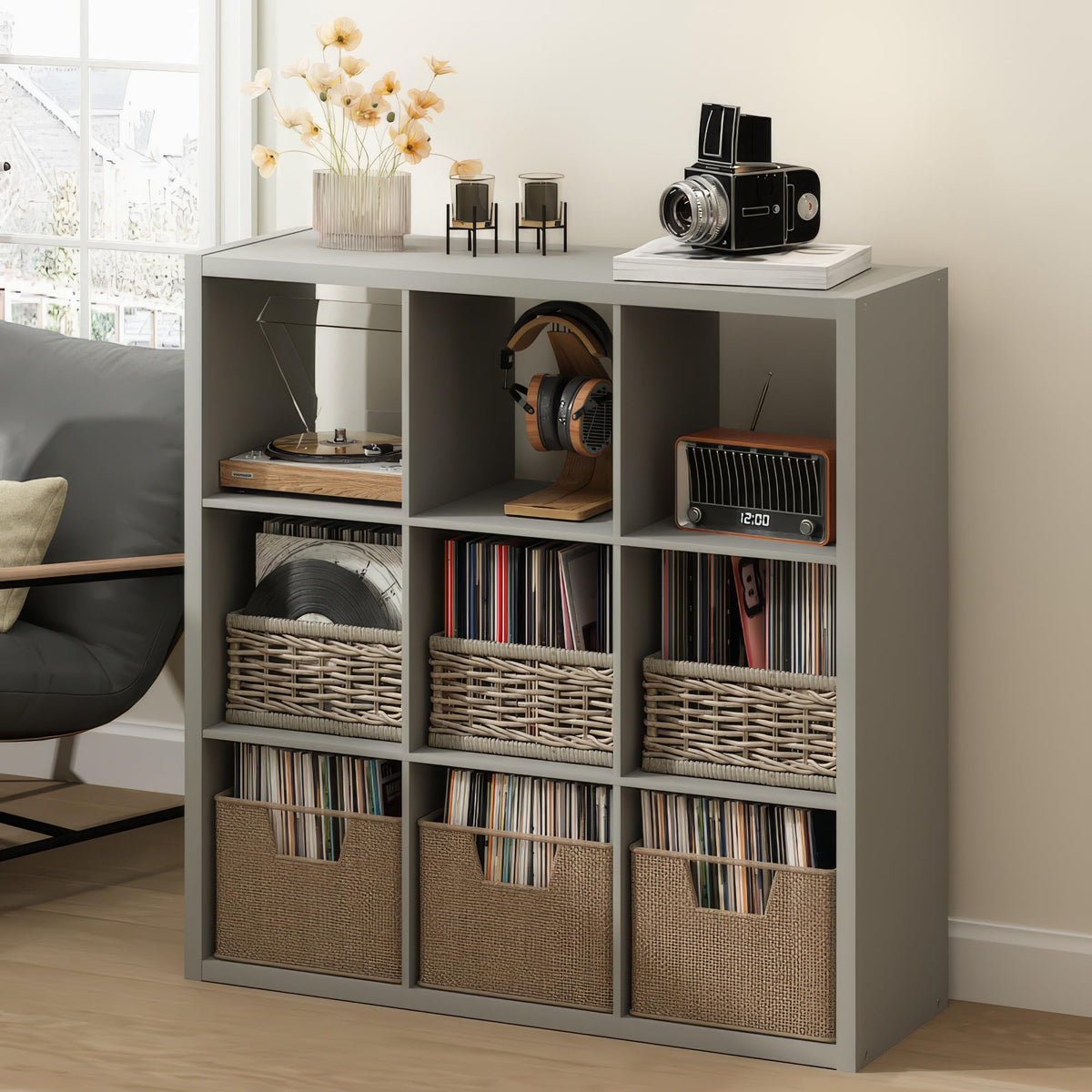 Furinno CUBICLE Record Player Stand with Vinyl Storage, 9-Cube 1.2 Extra Thick Vinyl Record Storage - image 1