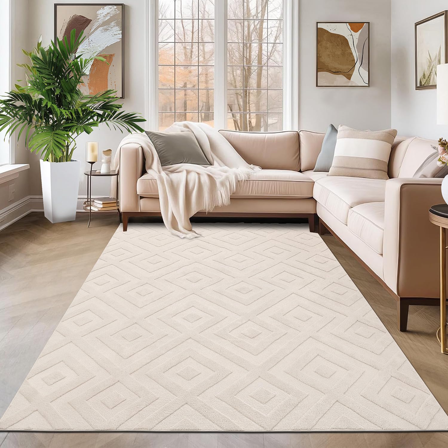 SHACOS Washable Geometric Area Rug | 140x200cm Non-Slip Shaggy Cream Carpet
