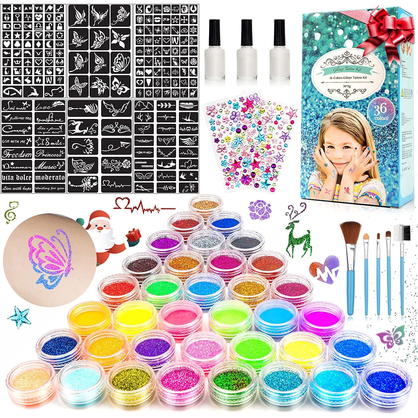 Oukzon Glitter Tattoo Kit for Kids - 36 Colors & 182 Stencils Body Art