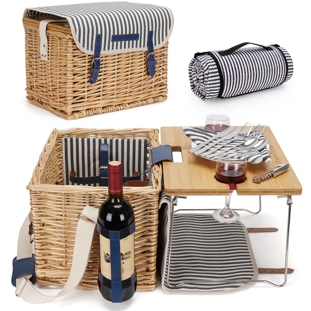 Jolof Store Wicker Picnic Basket for 2 with Bamboo Wine Table & Blanket