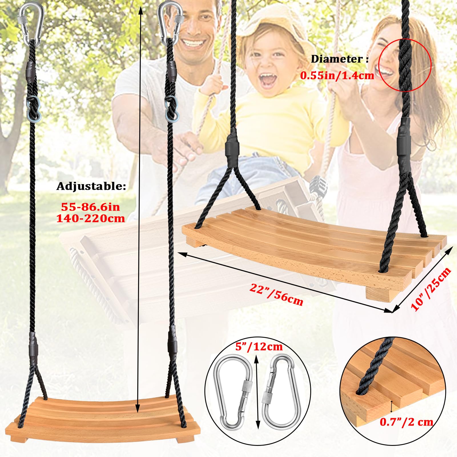 Favuit Wooden Tree Swing Seat – Curved Wood Hanging Chair for Kids & Adults
