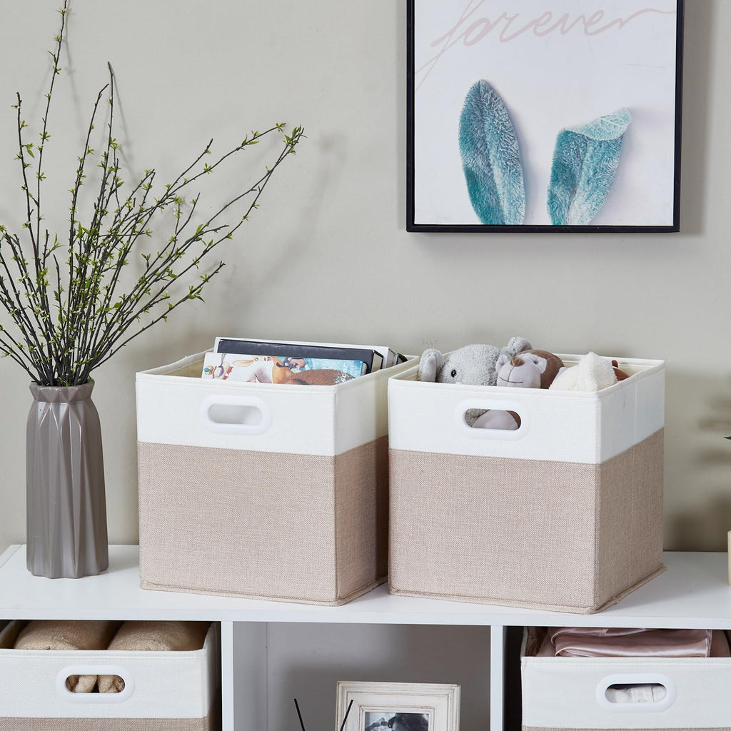 Mangata Fabric Cube Storage Baskets for Kallax – Light Khaki White, 4 Pack