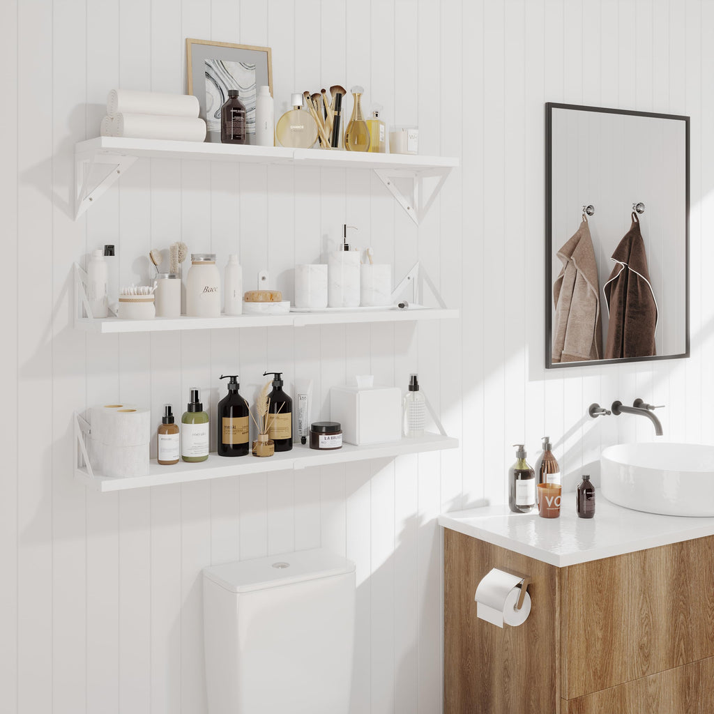 CASSA Floating Wall Shelves Set of 3 – Rustic Paulownia Wood Bookcase