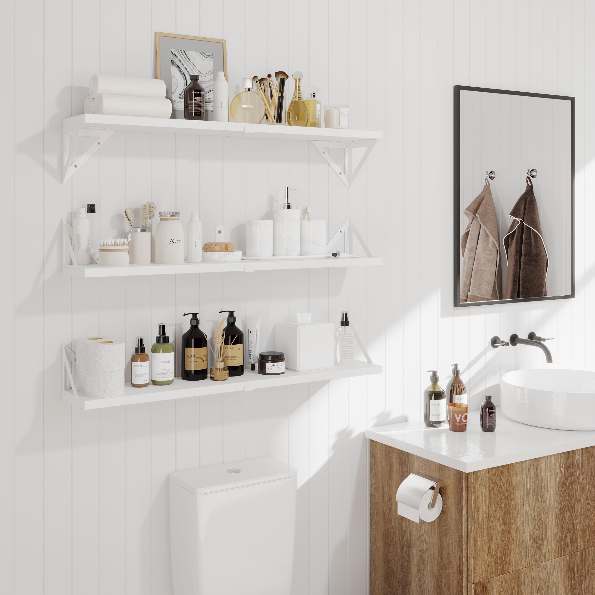 CASSA Floating Wall Shelves Set of 3 – Rustic Paulownia Wood Bookcase