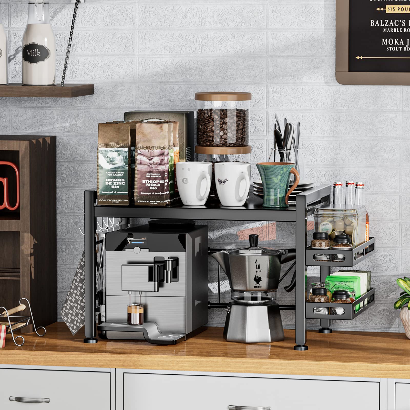 EKNITEY Extendable Microwave Oven Rack | 2-Tier Kitchen Shelf with Hooks