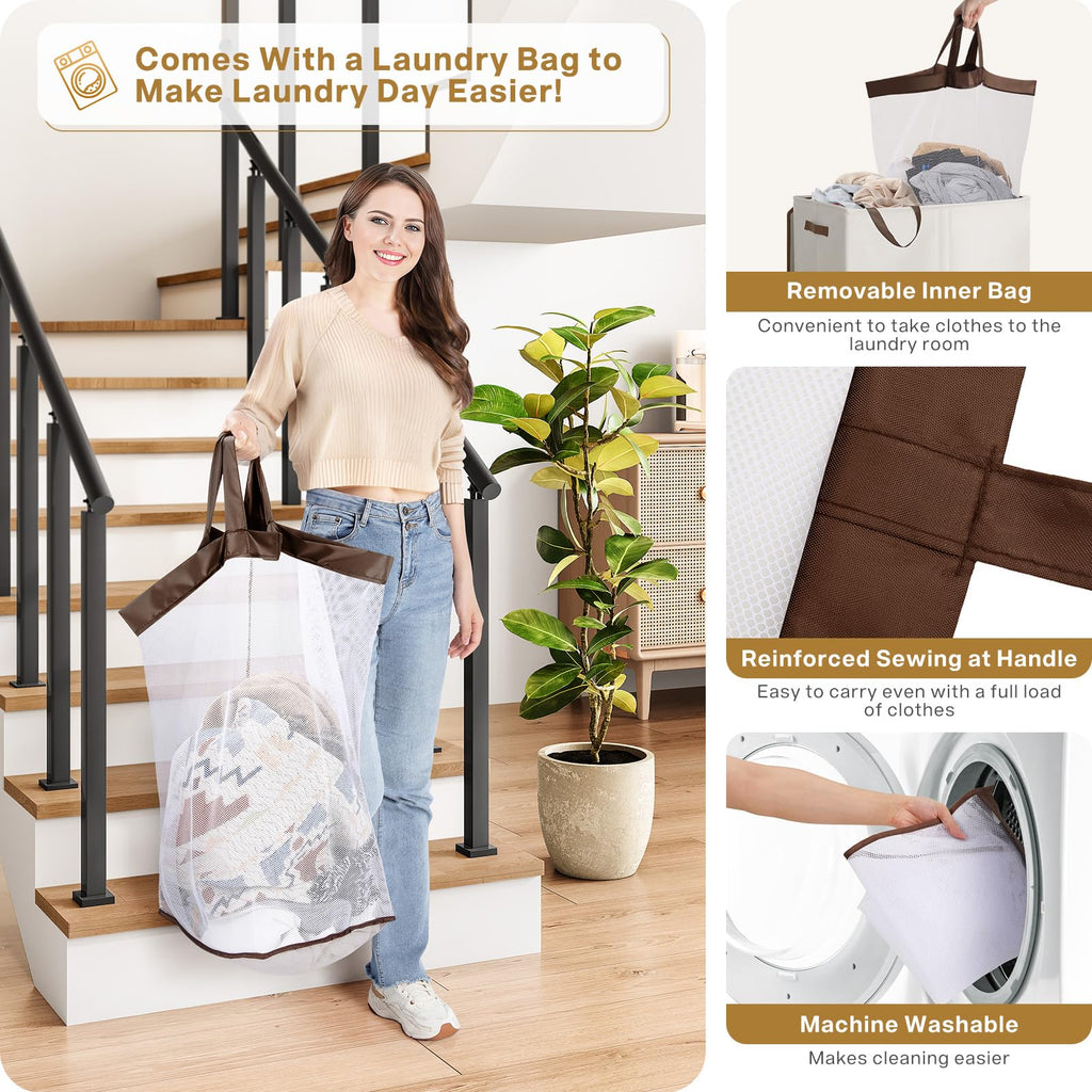SOLEDI 145L Large Laundry Hamper with Lid | 2-Compartment Collapsible Basket